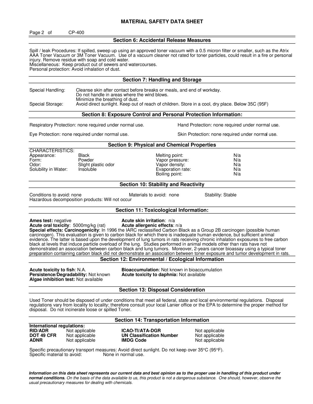 Lanier 480-0081 Accidental Release Measures, Handling and Storage, Exposure Control and Personal Protection Information 