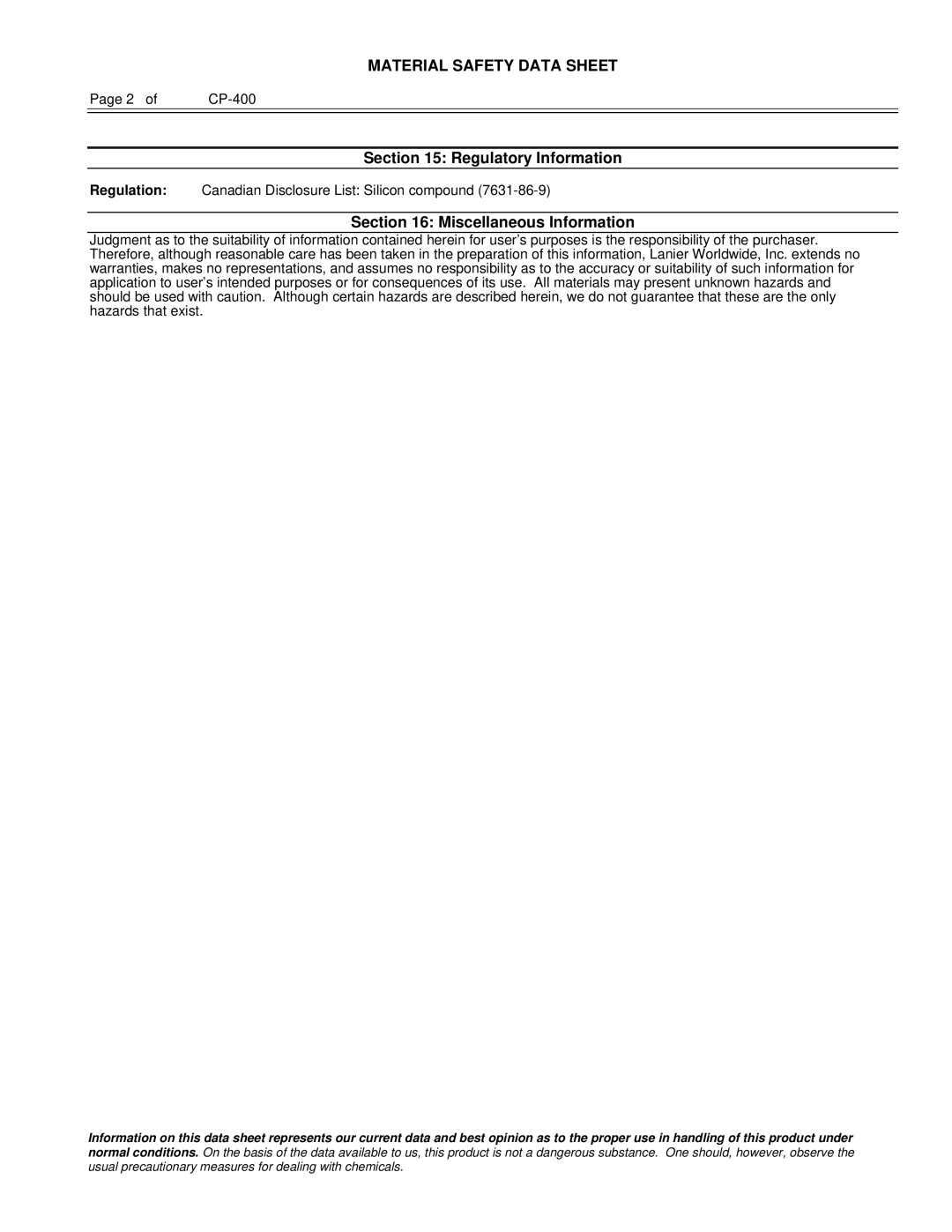 Lanier 480-0081 manual Regulatory Information, Miscellaneous Information 