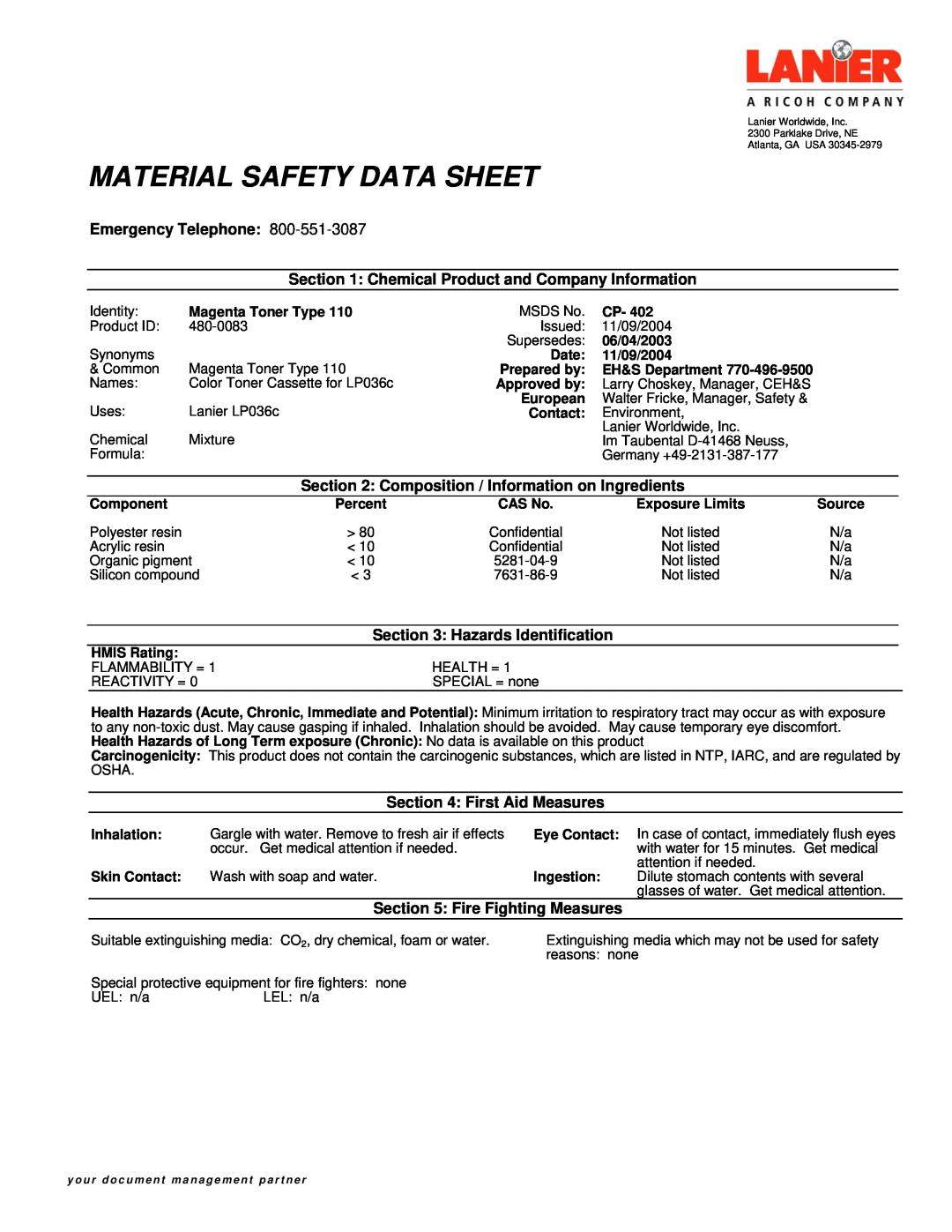 Lanier 480-0083 manual Material Safety Data Sheet, Emergency Telephone, Hazards Identification, First Aid Measures 
