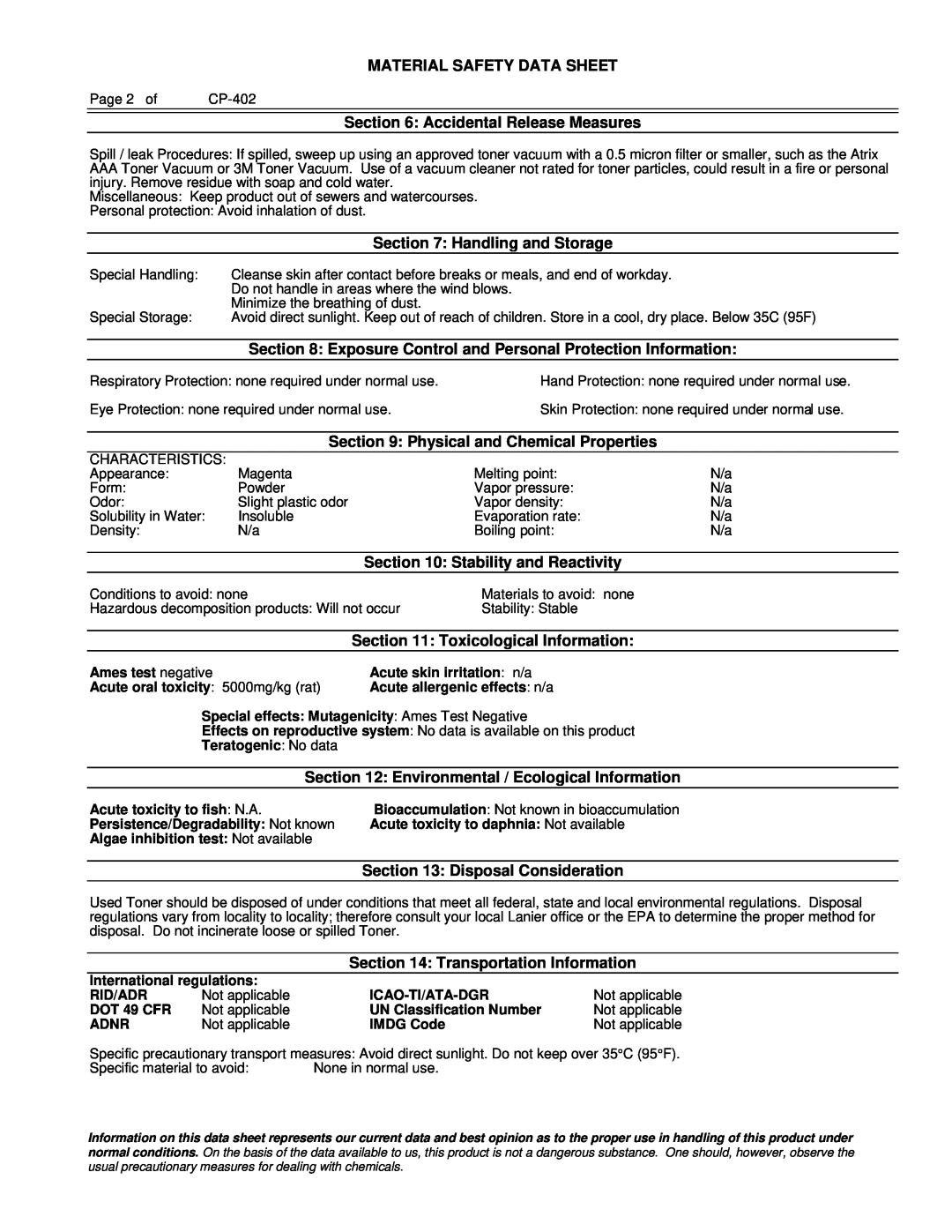 Lanier 480-0083 manual Material Safety Data Sheet 