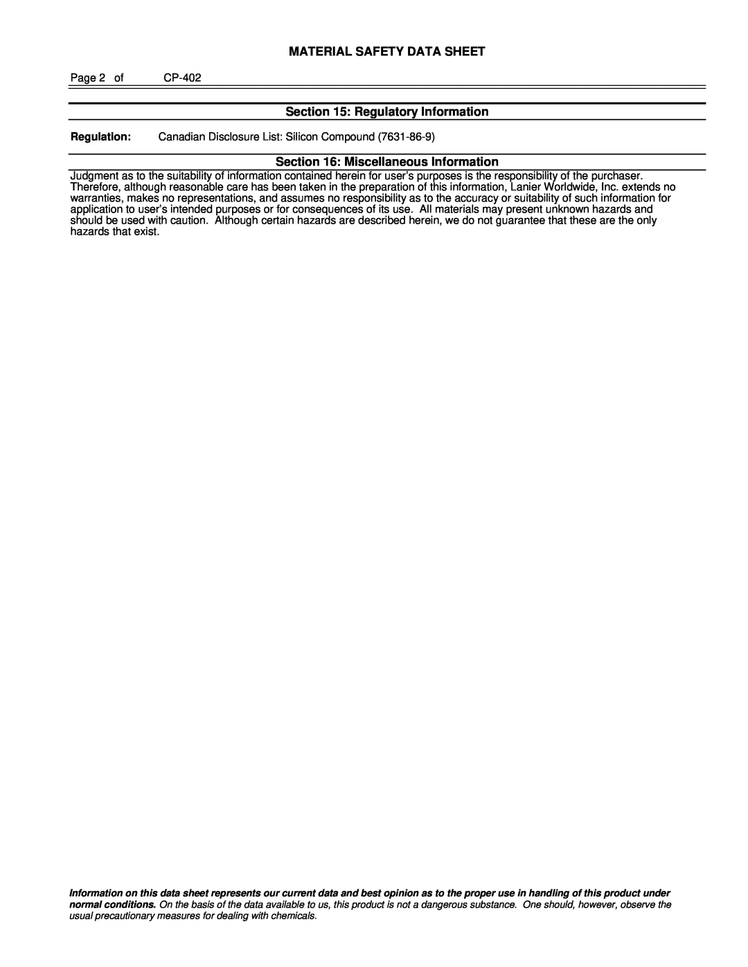 Lanier 480-0083 manual Material Safety Data Sheet, Regulatory Information, Miscellaneous Information 