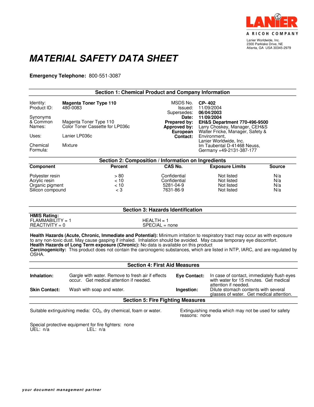 Lanier 480-0083 manual Composition / Information on Ingredients, Hazards Identification, First Aid Measures 