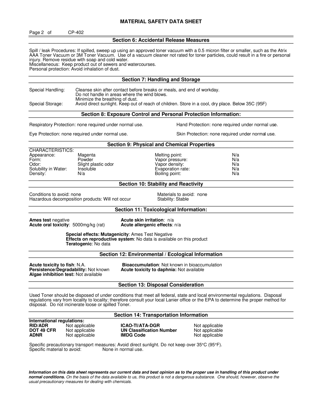 Lanier 480-0083 Accidental Release Measures, Handling and Storage, Exposure Control and Personal Protection Information 