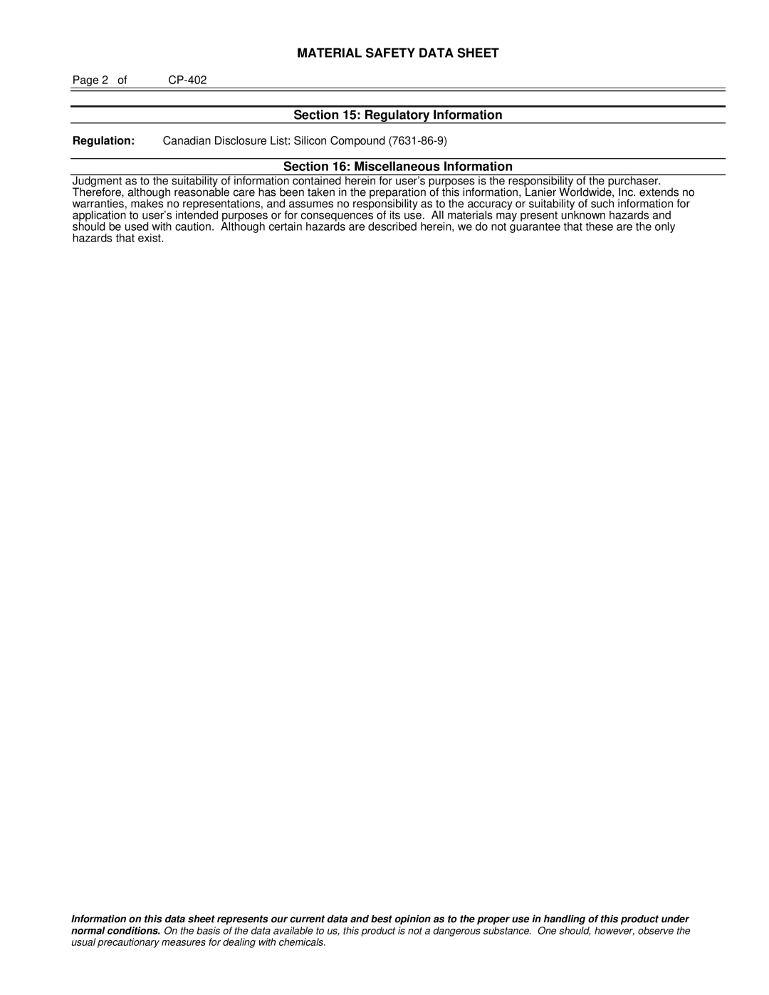 Lanier 480-0083 manual Regulatory Information, Miscellaneous Information 