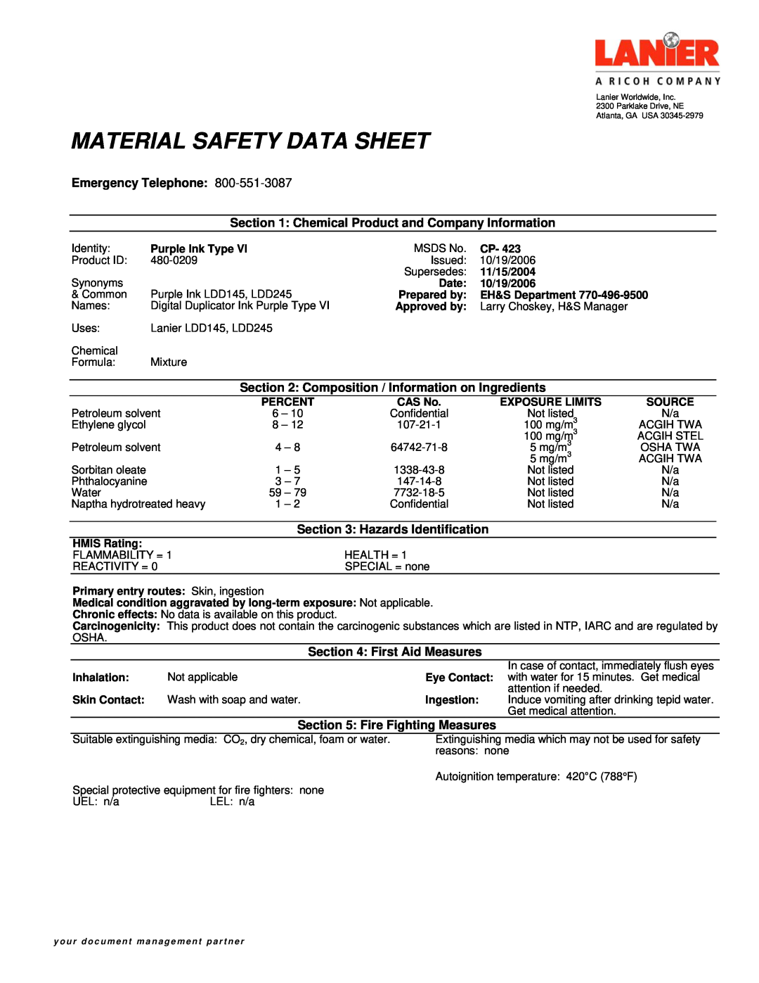 Lanier 480-0209 manual Material Safety Data Sheet, Emergency Telephone, Hazards Identification, First Aid Measures 