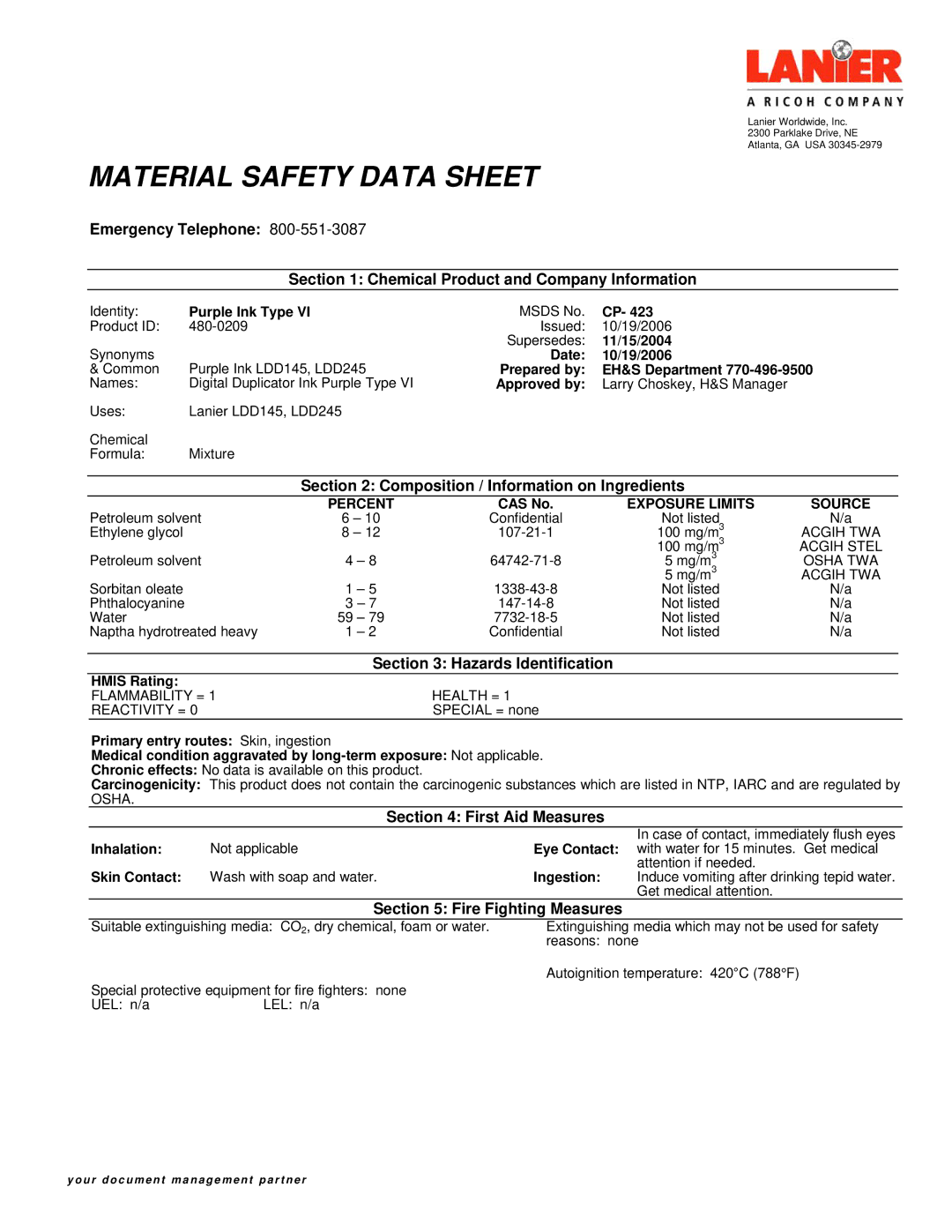 Lanier 480-0209 manual Composition / Information on Ingredients, Hazards Identification, First Aid Measures 