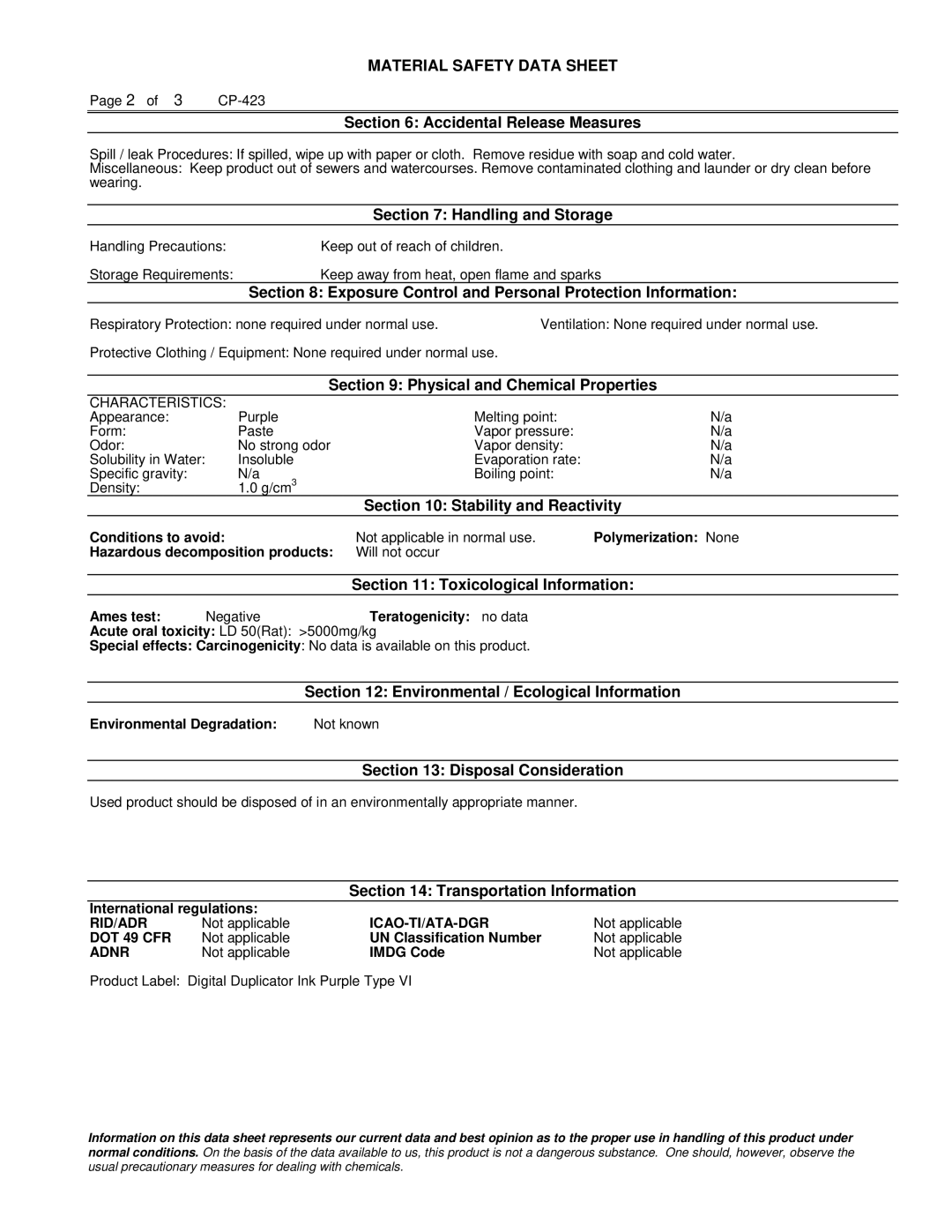 Lanier 480-0209 Accidental Release Measures, Handling and Storage, Exposure Control and Personal Protection Information 