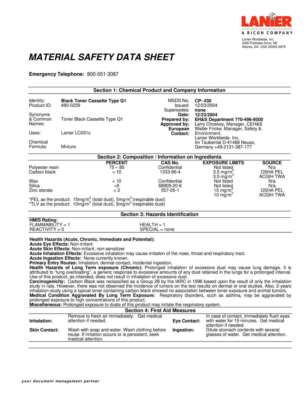 Lanier 480-0239 manual Composition / Information on Ingredients, Hazards Identification, First Aid Measures 