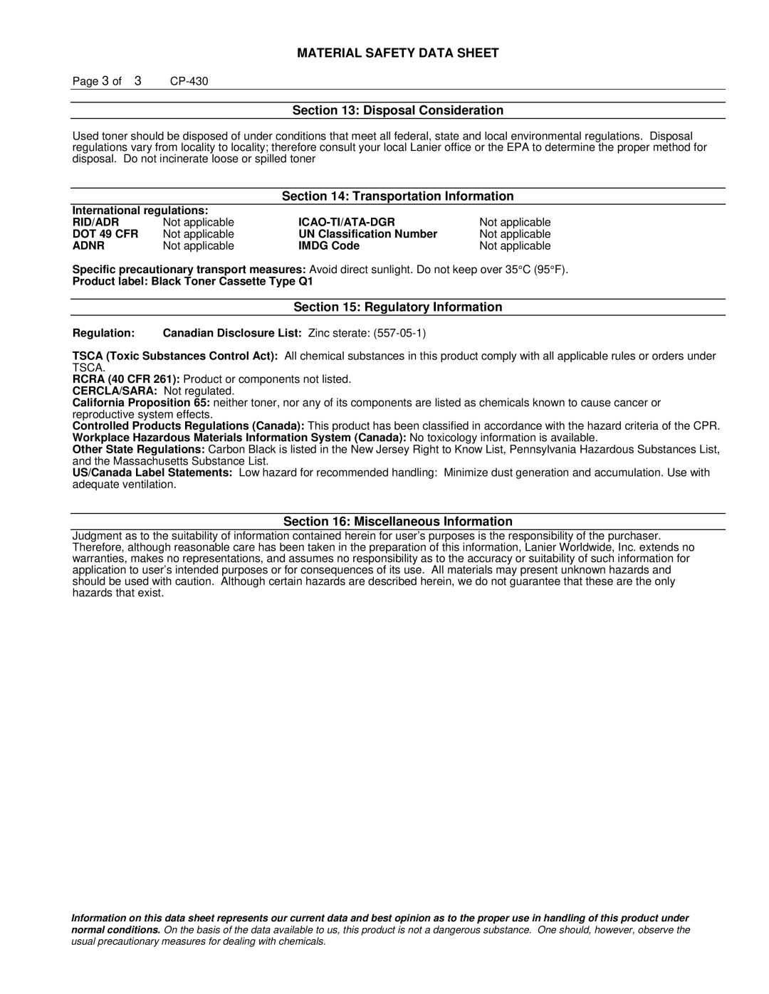 Lanier 480-0239 Disposal Consideration, Transportation Information, Regulatory Information, Miscellaneous Information 