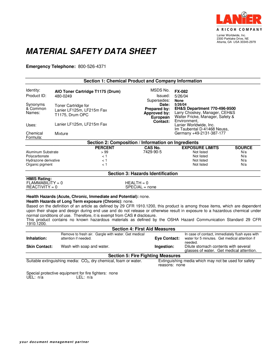 Lanier 480-0249 manual Composition / Information on Ingredients, Hazards Identification, First Aid Measures 