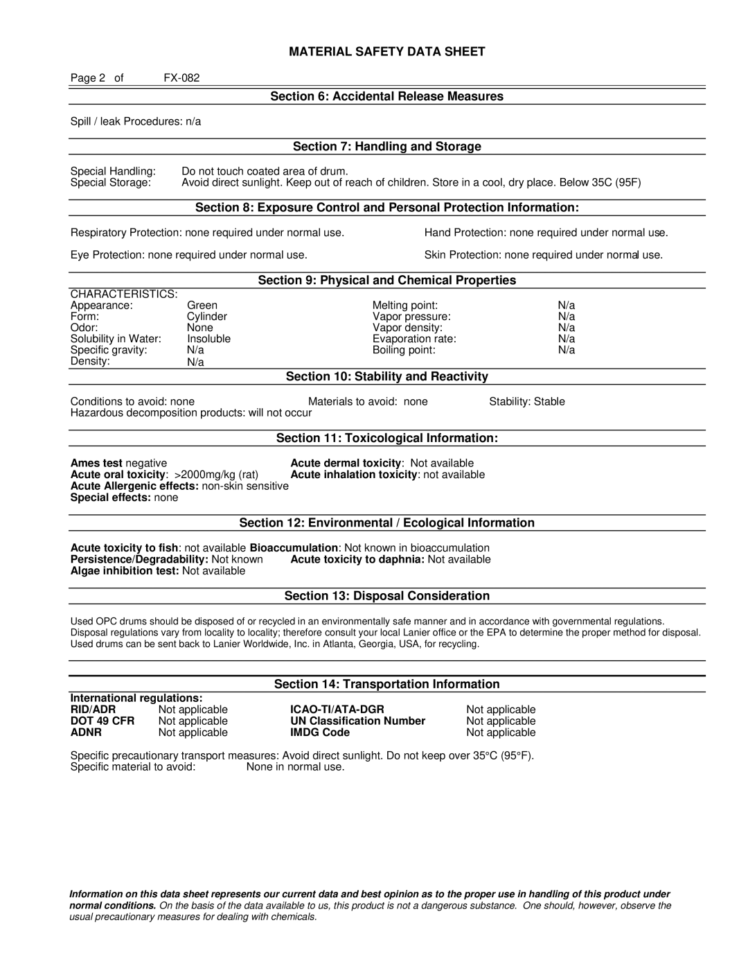 Lanier 480-0249 Accidental Release Measures, Exposure Control and Personal Protection Information, Disposal Consideration 