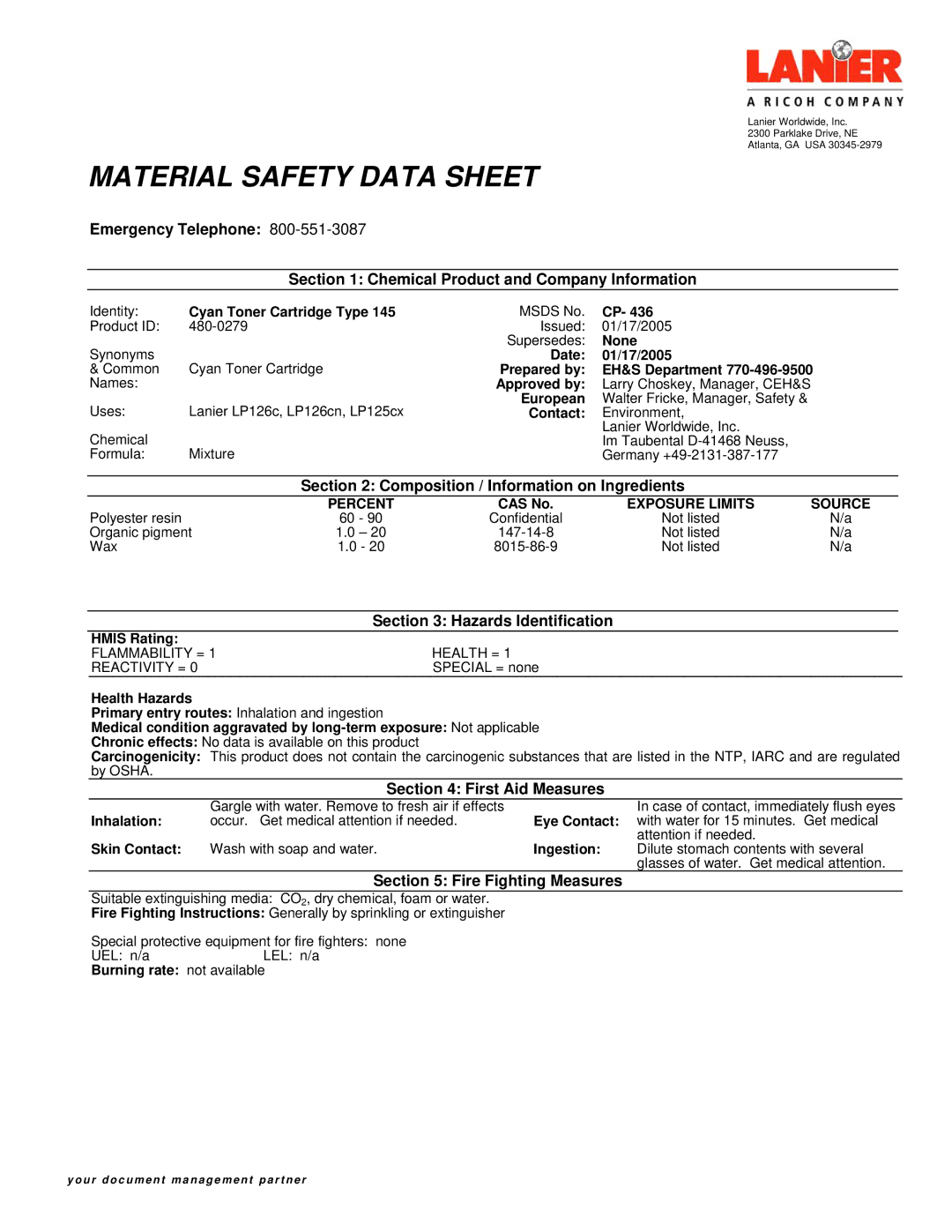 Lanier 480-0279 manual Composition / Information on Ingredients, Hazards Identification, First Aid Measures 