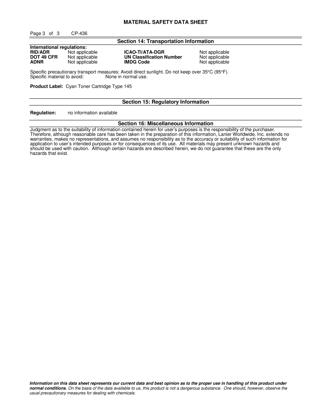 Lanier 480-0279 manual Transportation Information, Regulatory Information, Miscellaneous Information 