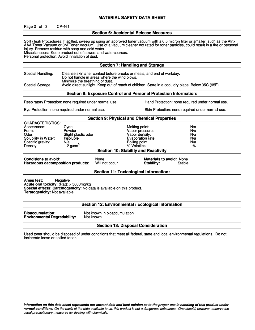 Lanier 480-0332 Material Safety Data Sheet, Accidental Release Measures, Handling and Storage, Stability and Reactivity 