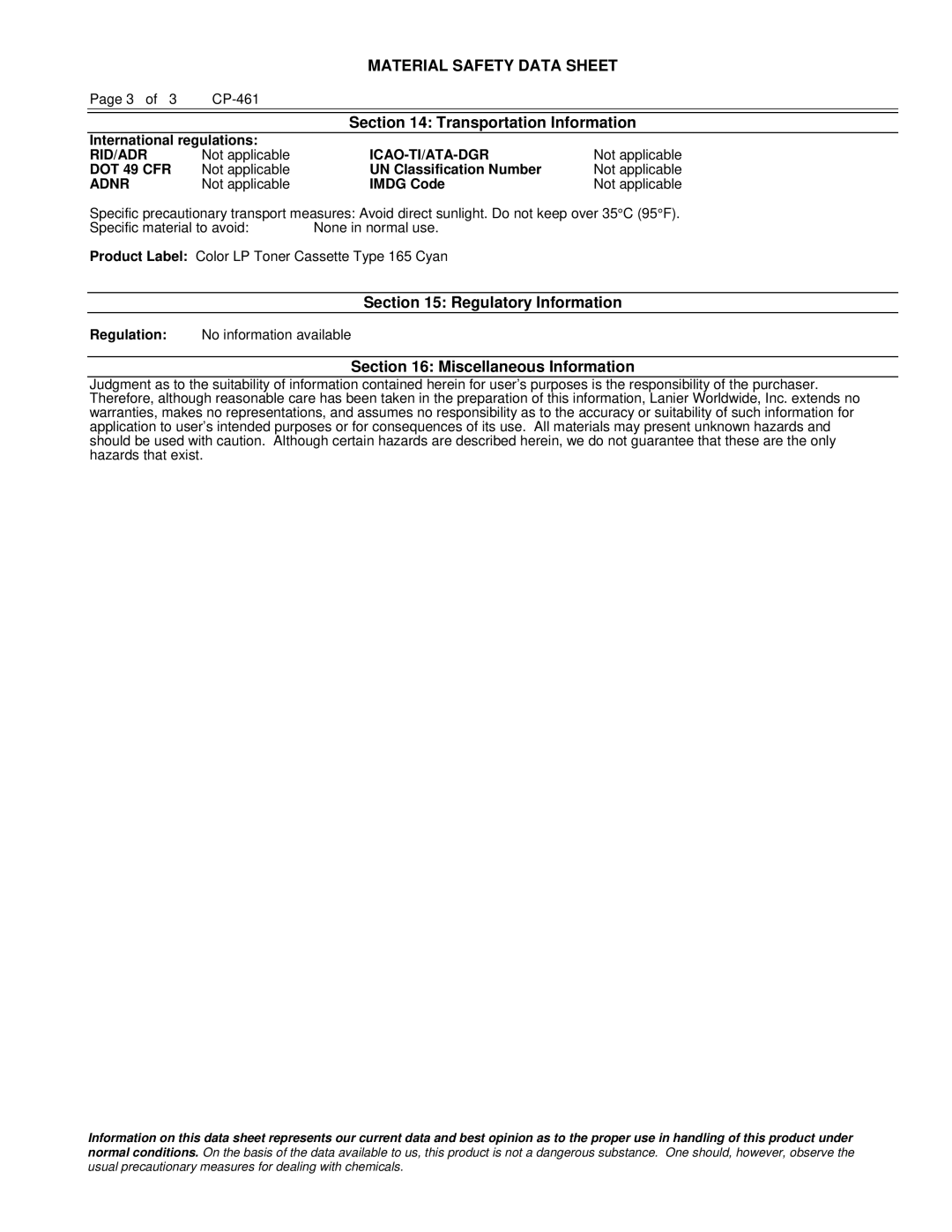 Lanier 480-0332 manual Transportation Information, Regulatory Information, Miscellaneous Information 