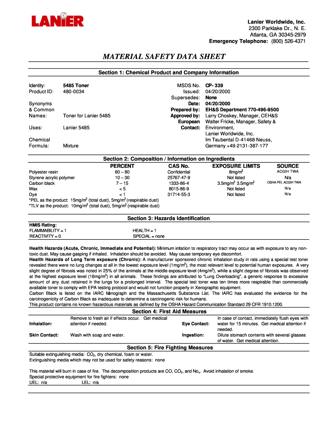 Lanier 5485 manual Material Safety Data Sheet 
