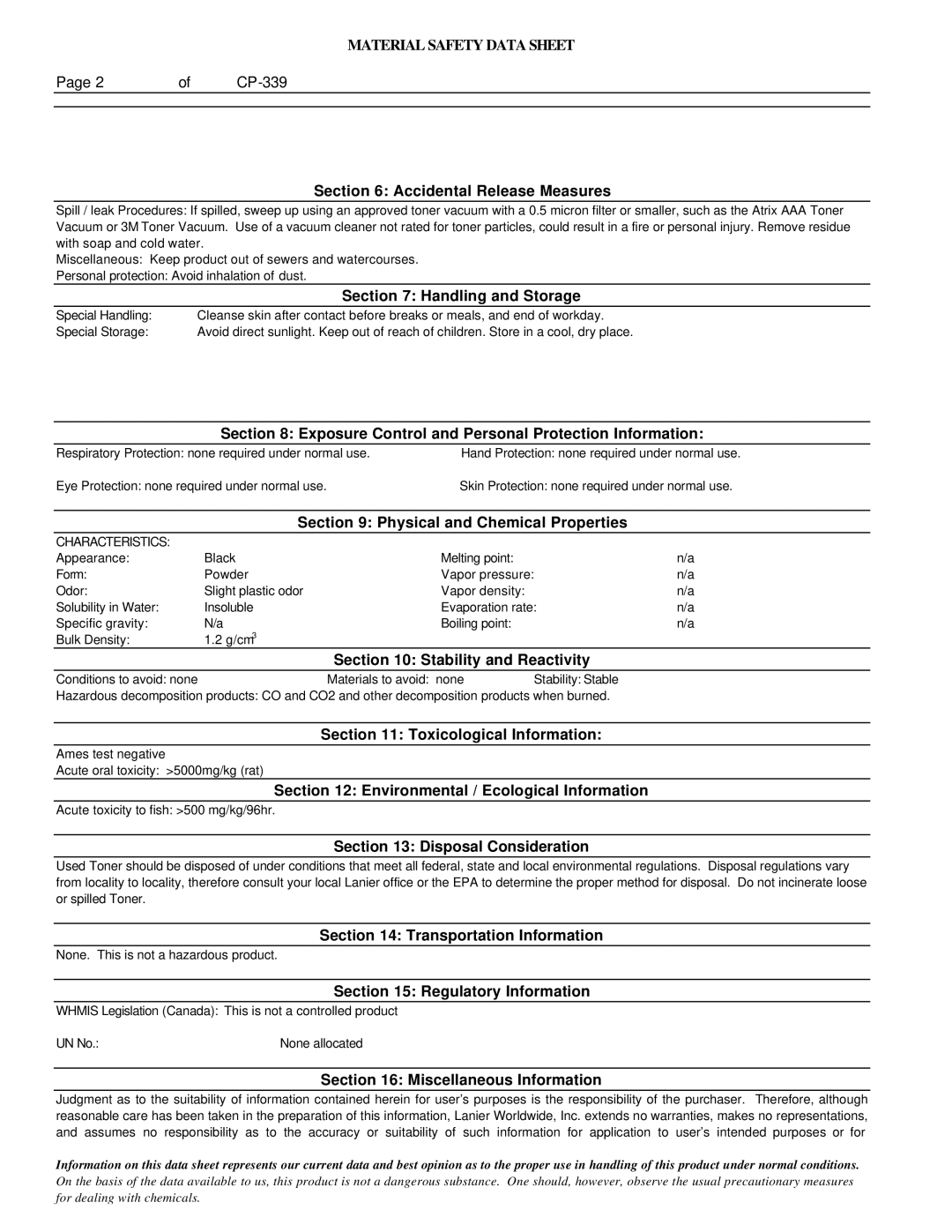 Lanier 5485 manual Accidental Release Measures, Handling and Storage, Exposure Control and Personal Protection Information 