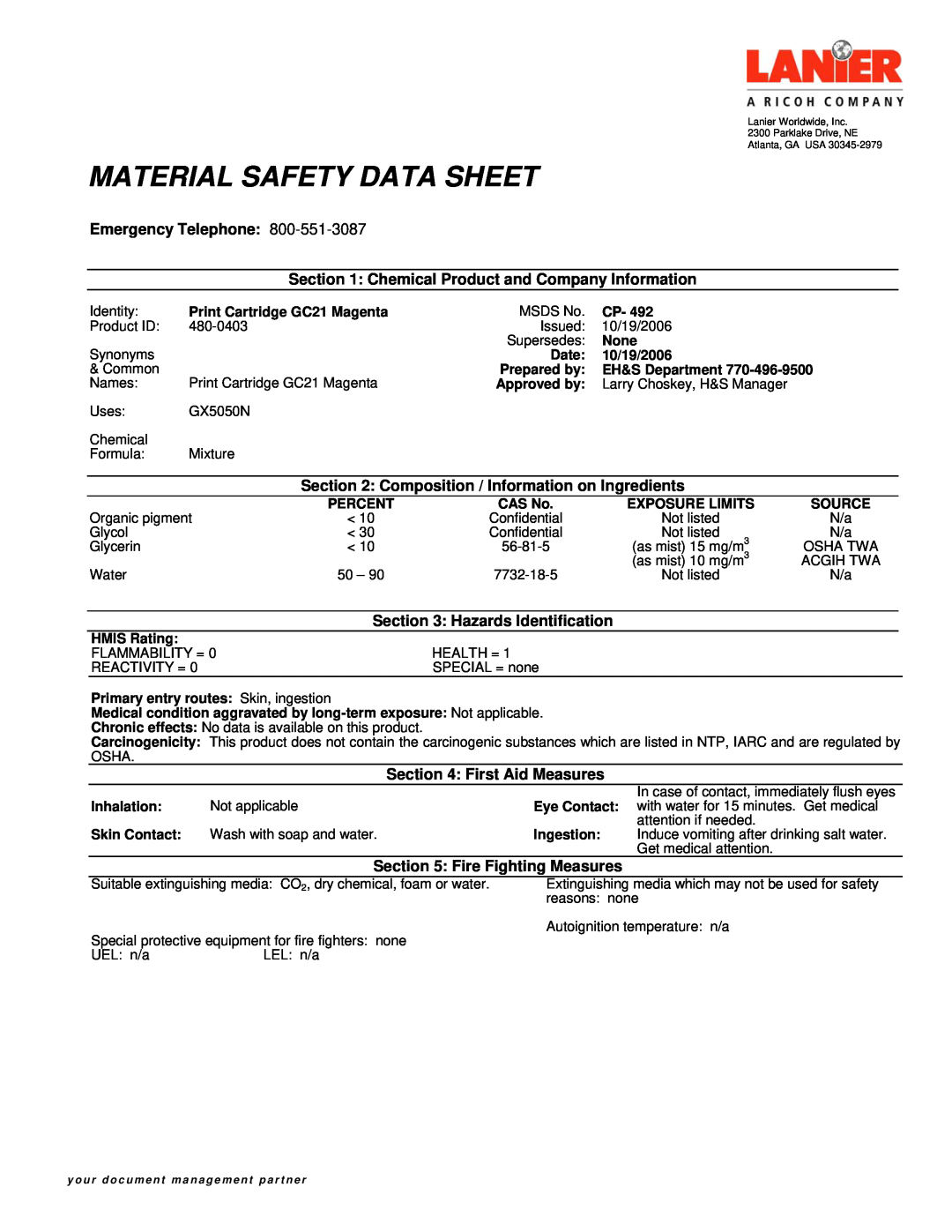 Lanier 556 manual Material Safety Data Sheet, Emergency Telephone, Hazards Identification, First Aid Measures 