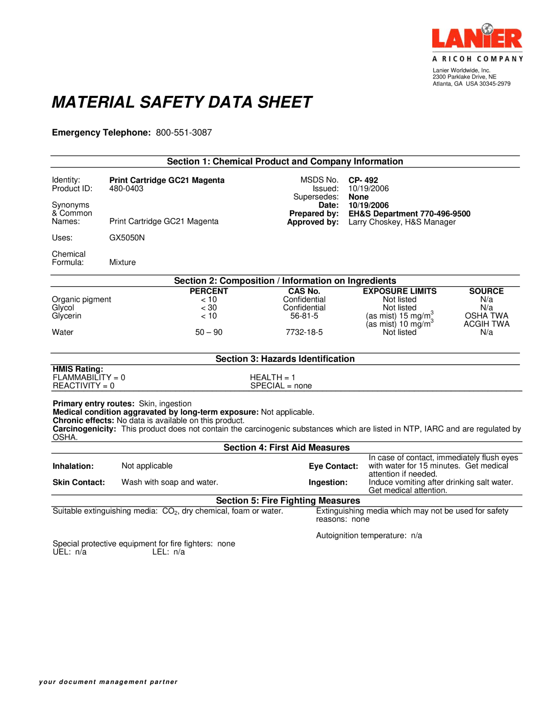 Lanier 556 manual Composition / Information on Ingredients, Hazards Identification, First Aid Measures 