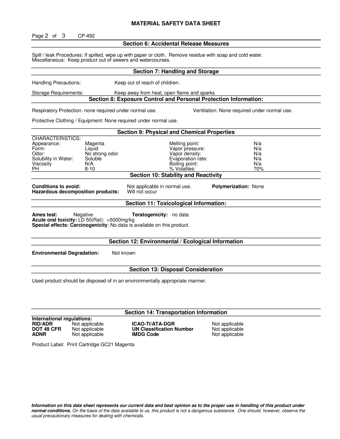 Lanier 556 manual Accidental Release Measures, Handling and Storage, Exposure Control and Personal Protection Information 