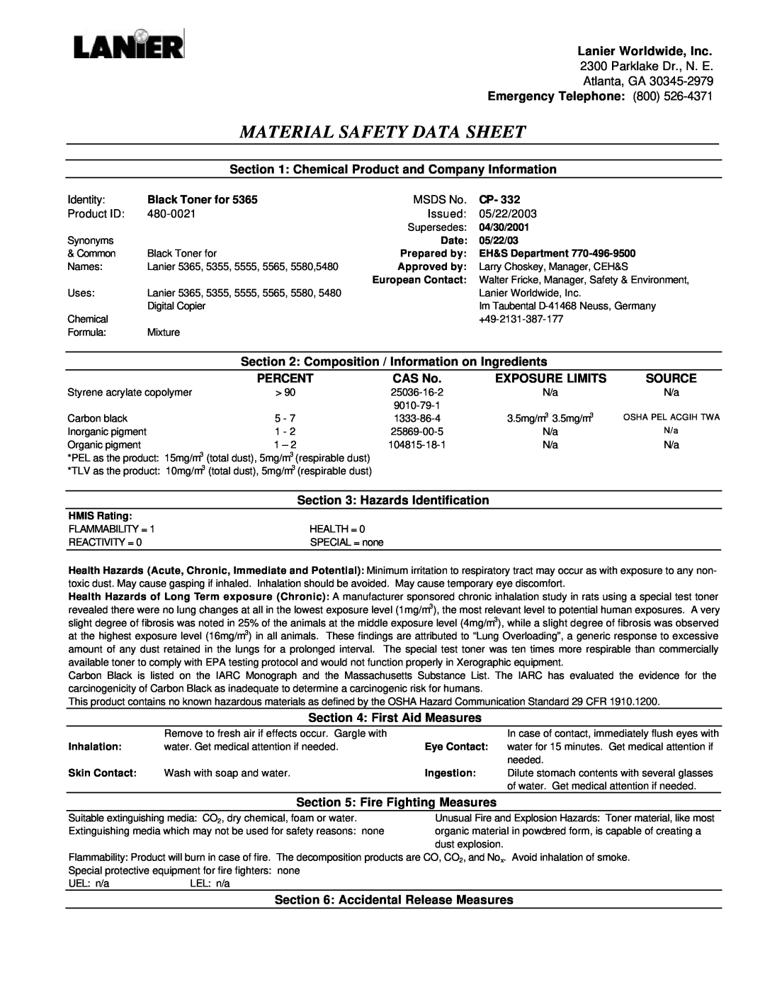 Lanier 5555, 5580, 5480, 5355, 480-0021, 5565 manual Material Safety Data Sheet 