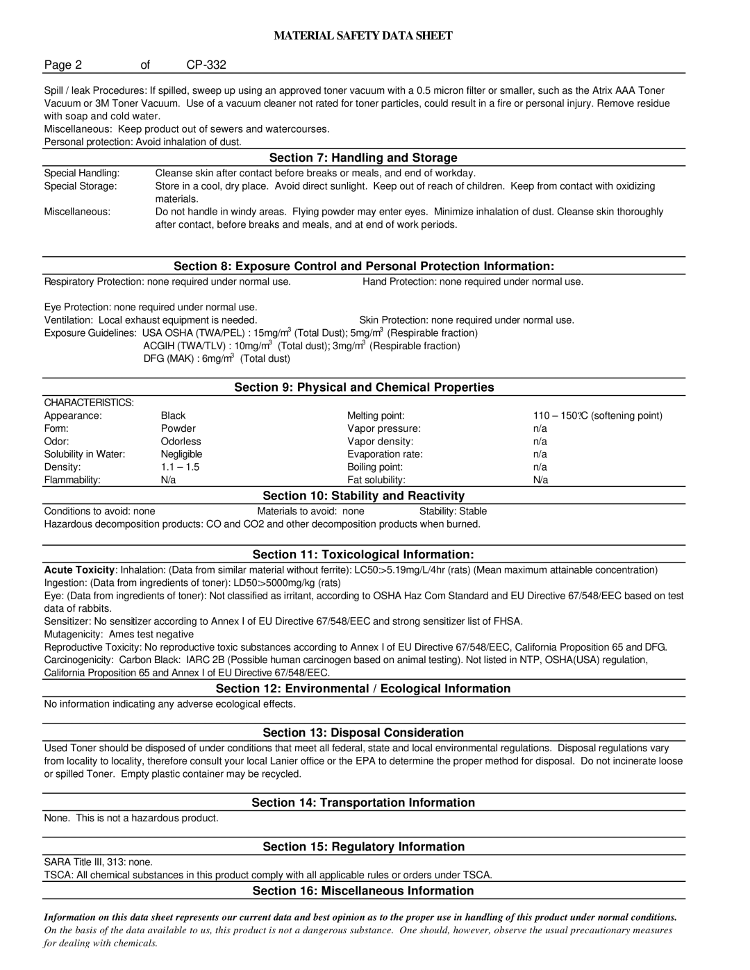 Lanier 5480 Handling and Storage, Exposure Control and Personal Protection Information, Physical and Chemical Properties 