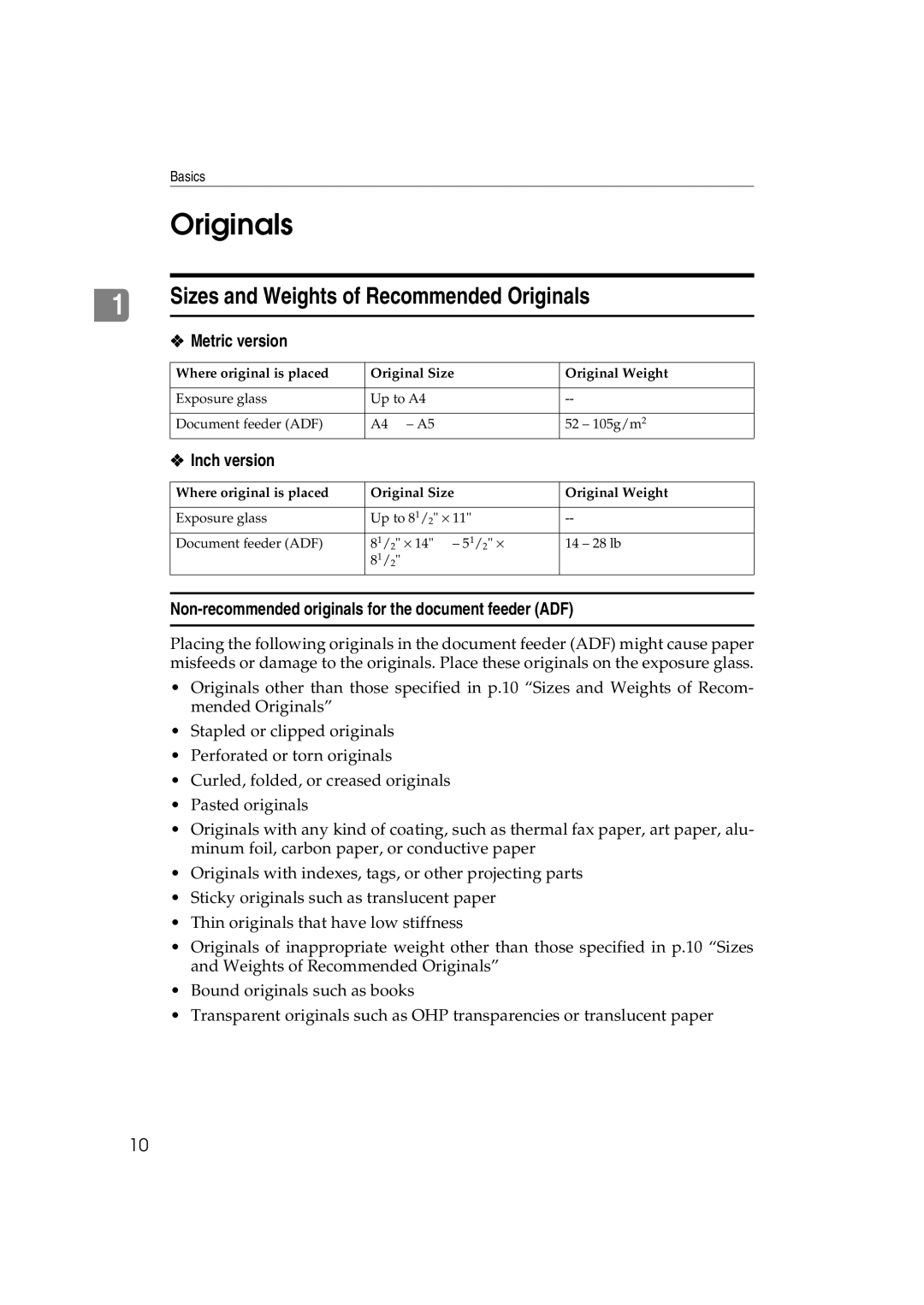 Lanier 5613 manual Originals, Metric version, Inch version, Non-recommended originals for the document feeder ADF 