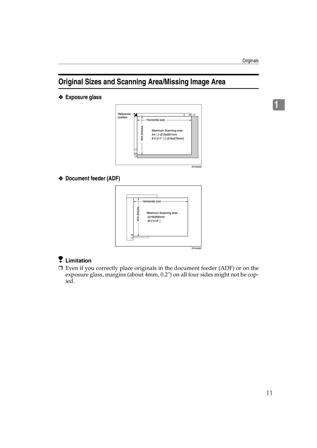 Lanier 5613 manual Original Sizes and Scanning Area/Missing Image Area, Exposure glass Document feeder ADF 