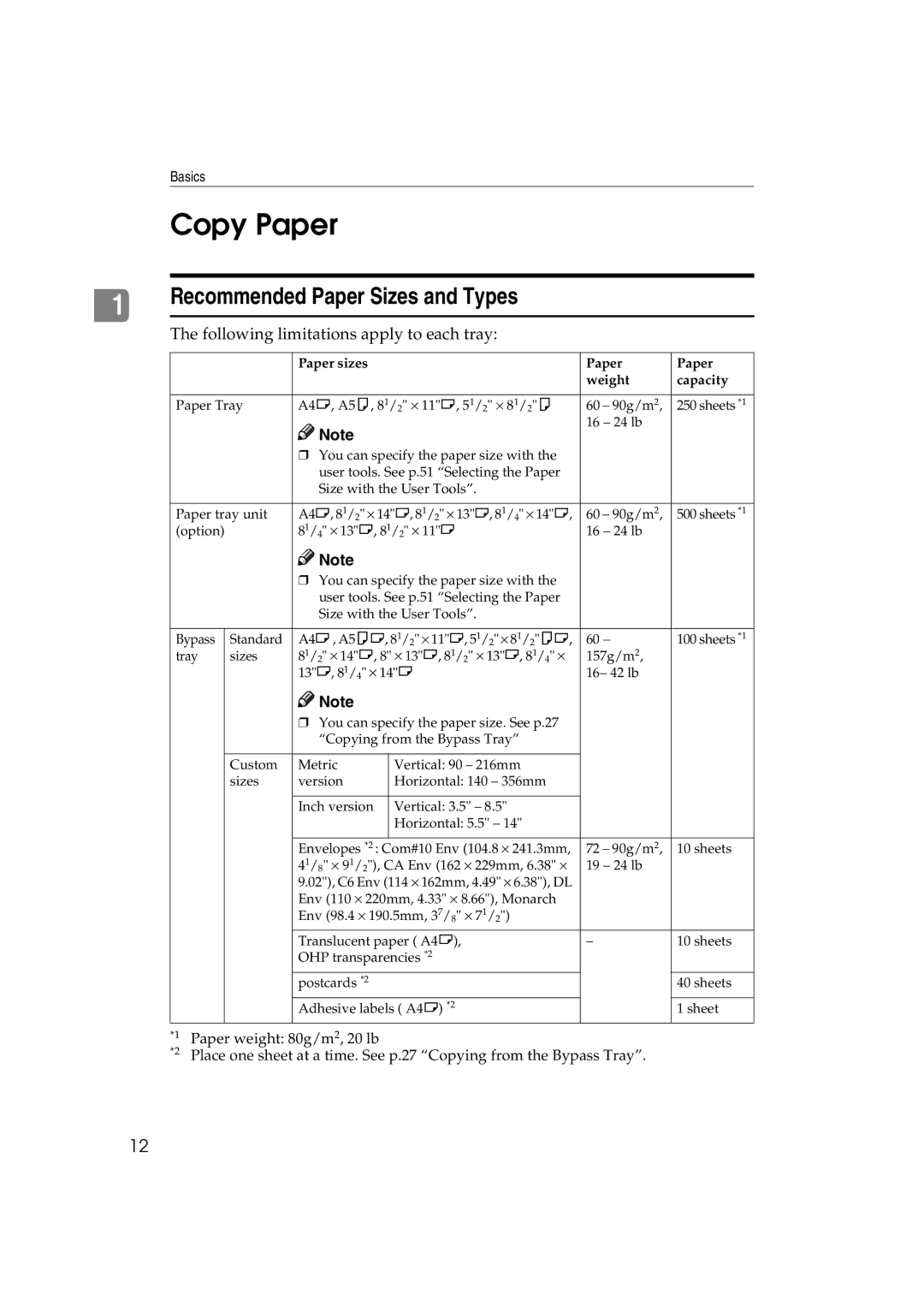 Lanier 5613 manual Copy Paper, Recommended Paper Sizes and Types 