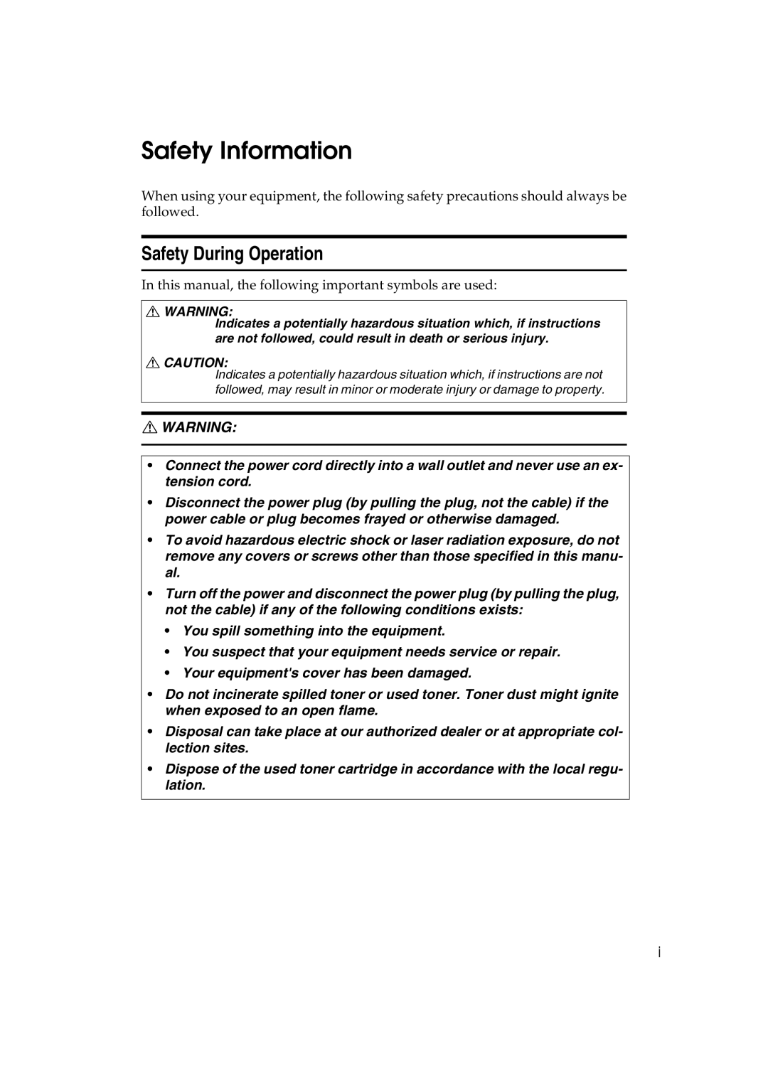 Lanier 5613 manual Safety Information, Safety During Operation 