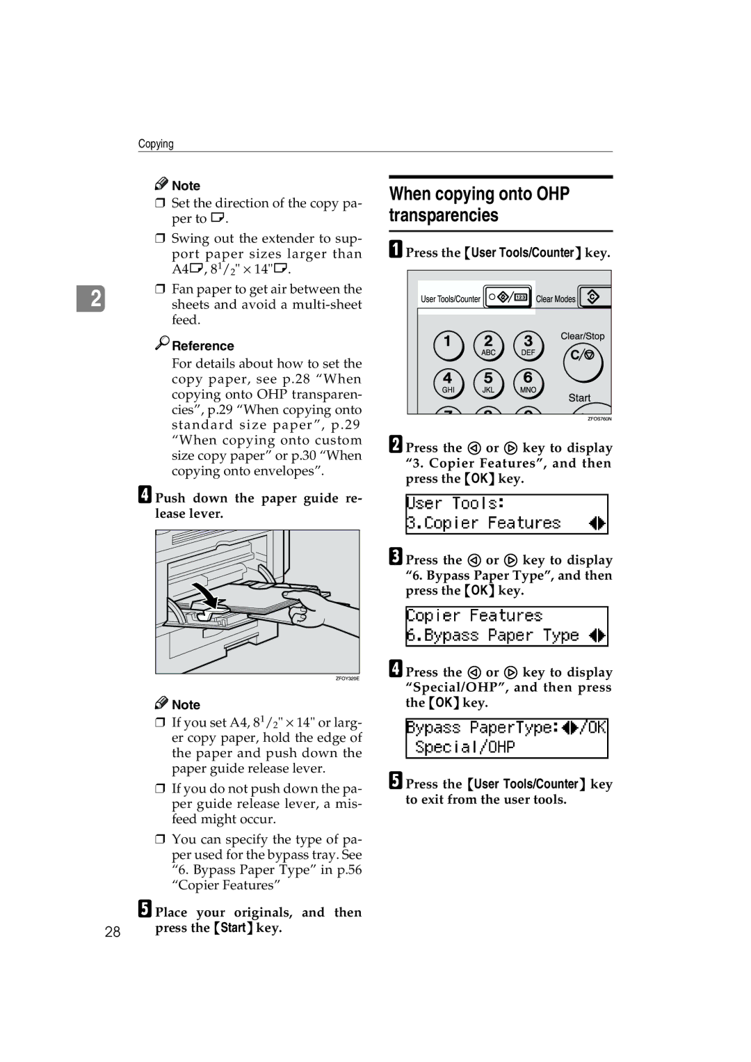 Lanier 5613 manual When copying onto OHP transparencies, Push down the paper guide re- lease lever 