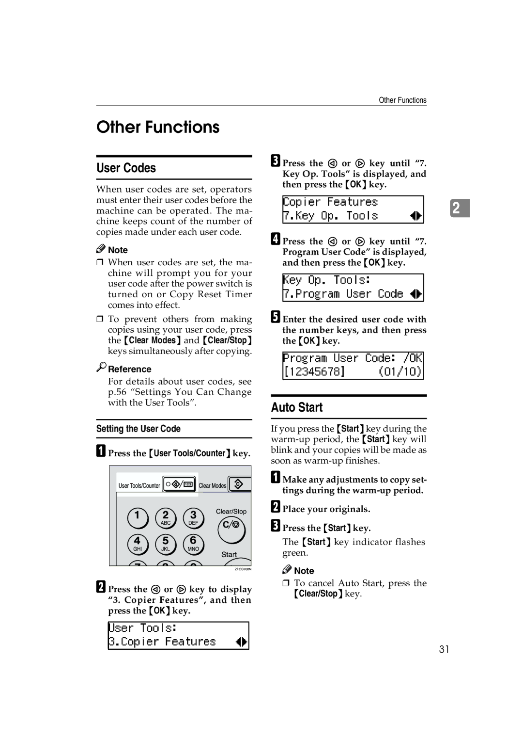 Lanier 5613 manual Other Functions, User Codes, Auto Start, Setting the User Code 