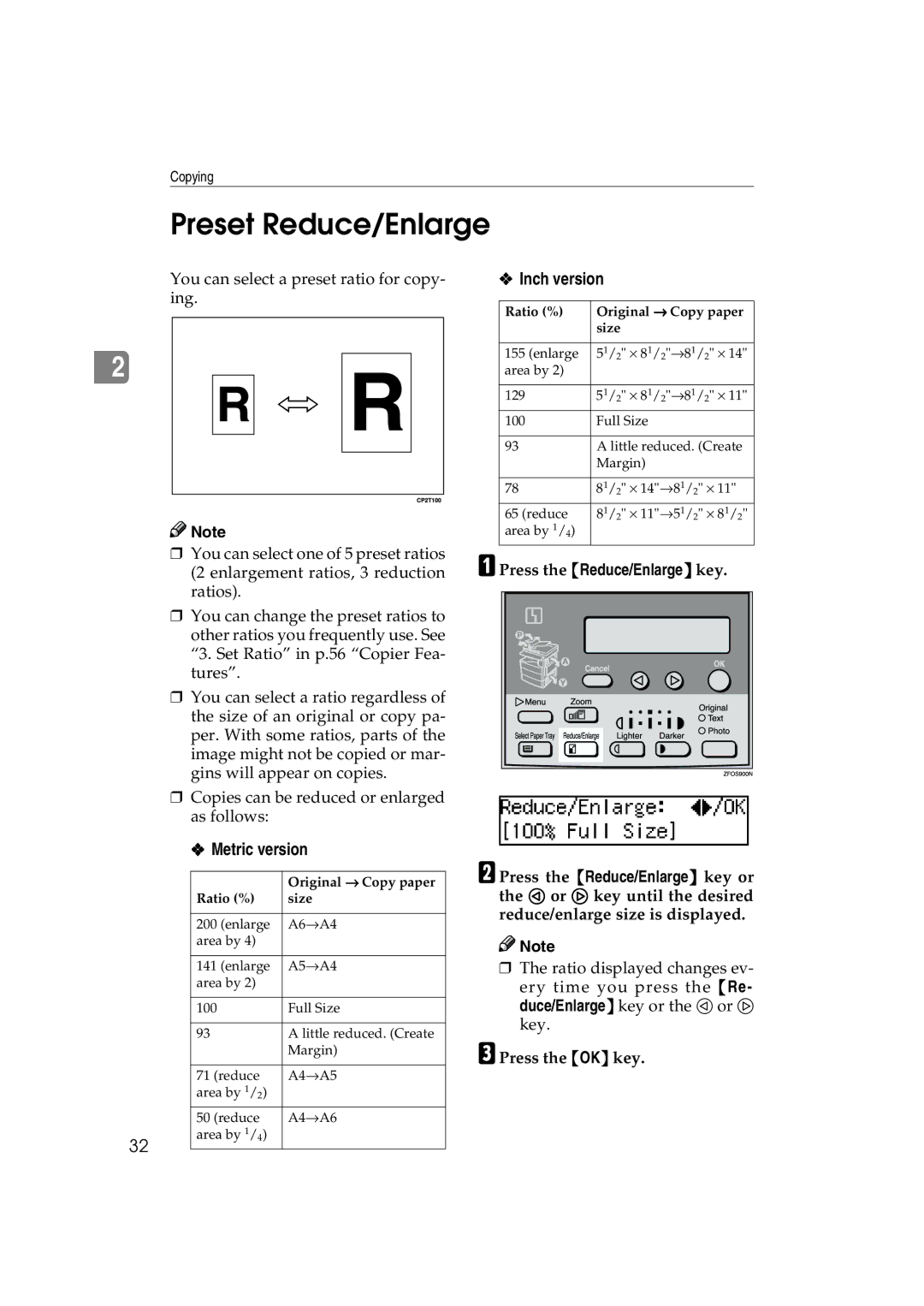 Lanier 5613 manual Preset Reduce/Enlarge, Press the Reduce/Enlarge key, Press the OK key 