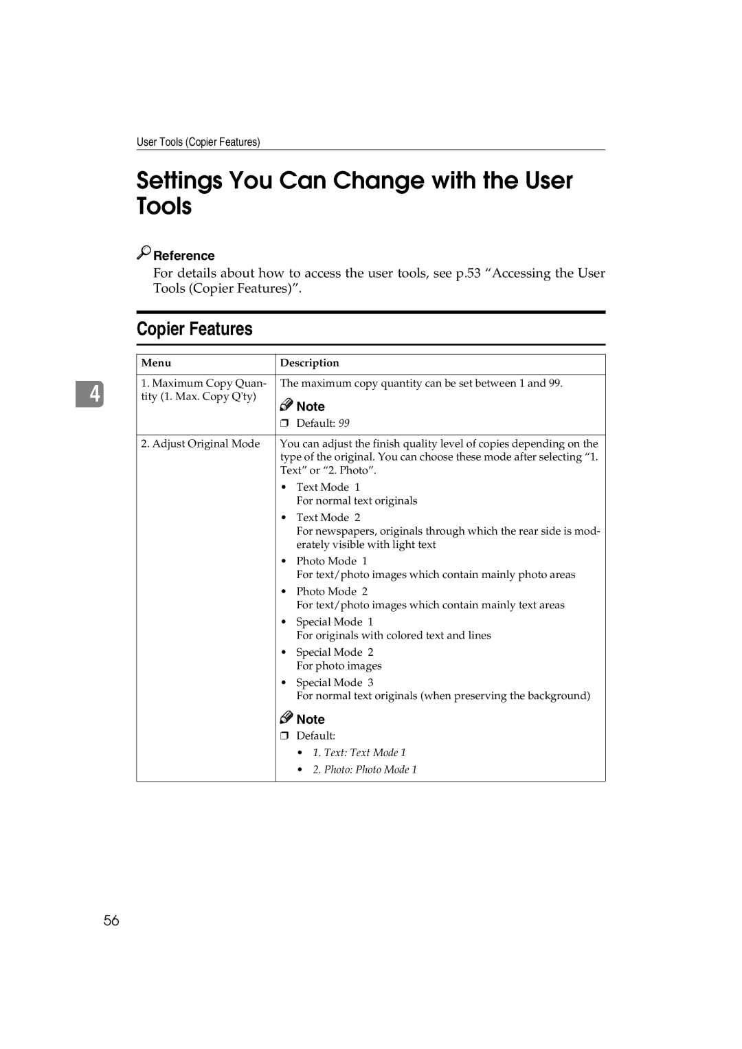 Lanier 5613 manual Settings You Can Change with the User Tools, Copier Features 