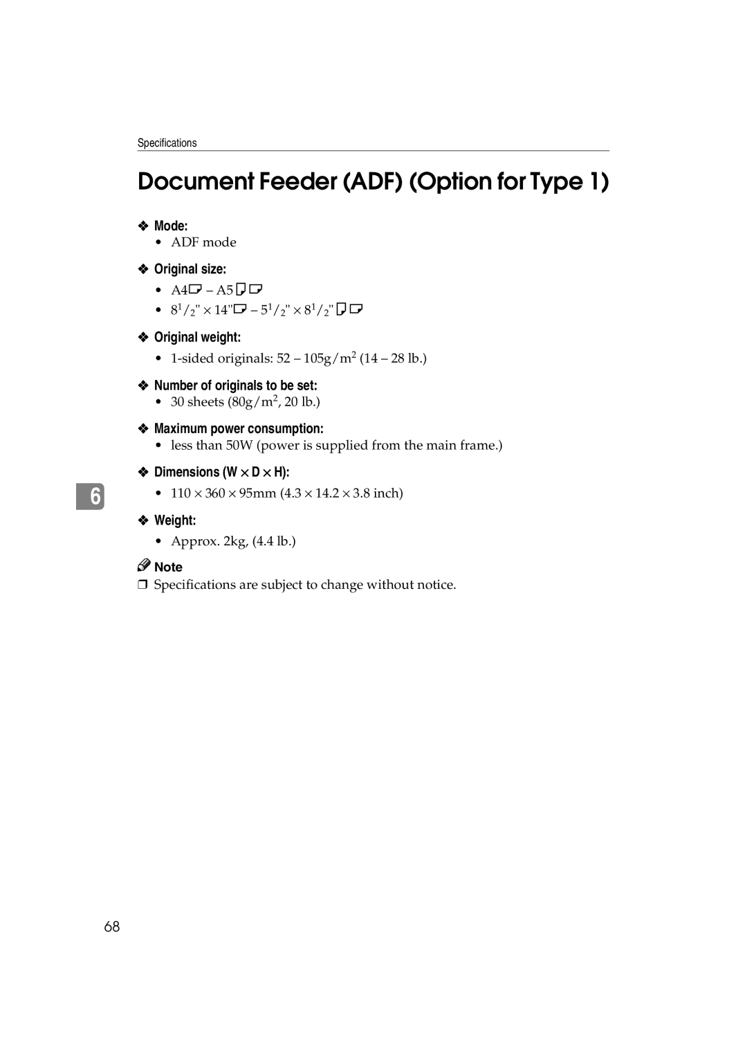 Lanier 5613 manual Document Feeder ADF Option for Type 