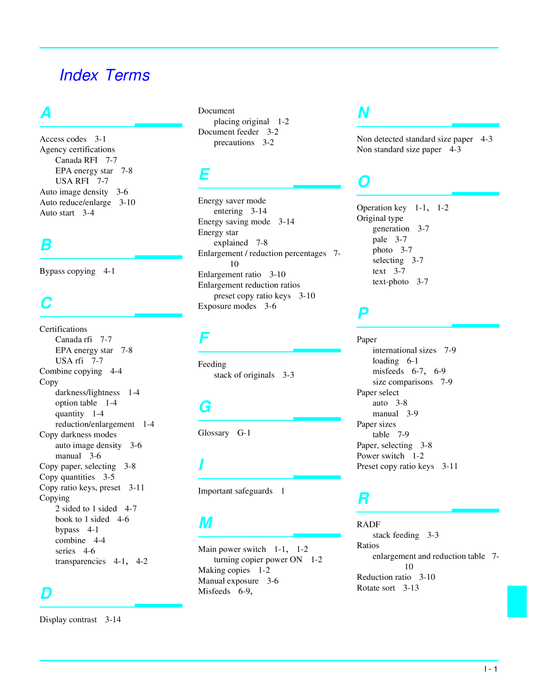 Lanier 5618 manual Index Terms, Usa Rfi 