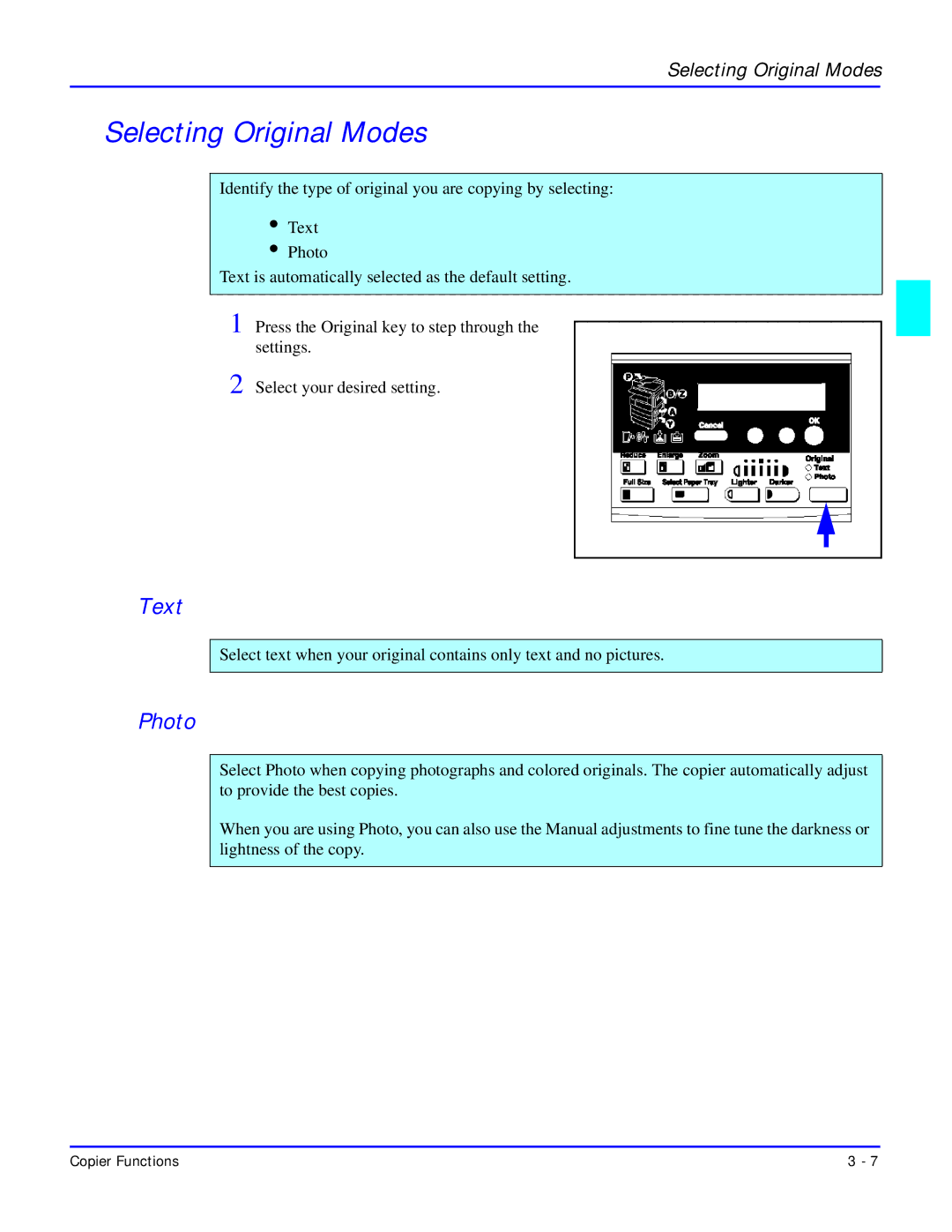 Lanier 5618 manual Selecting Original Modes, Text, Photo 