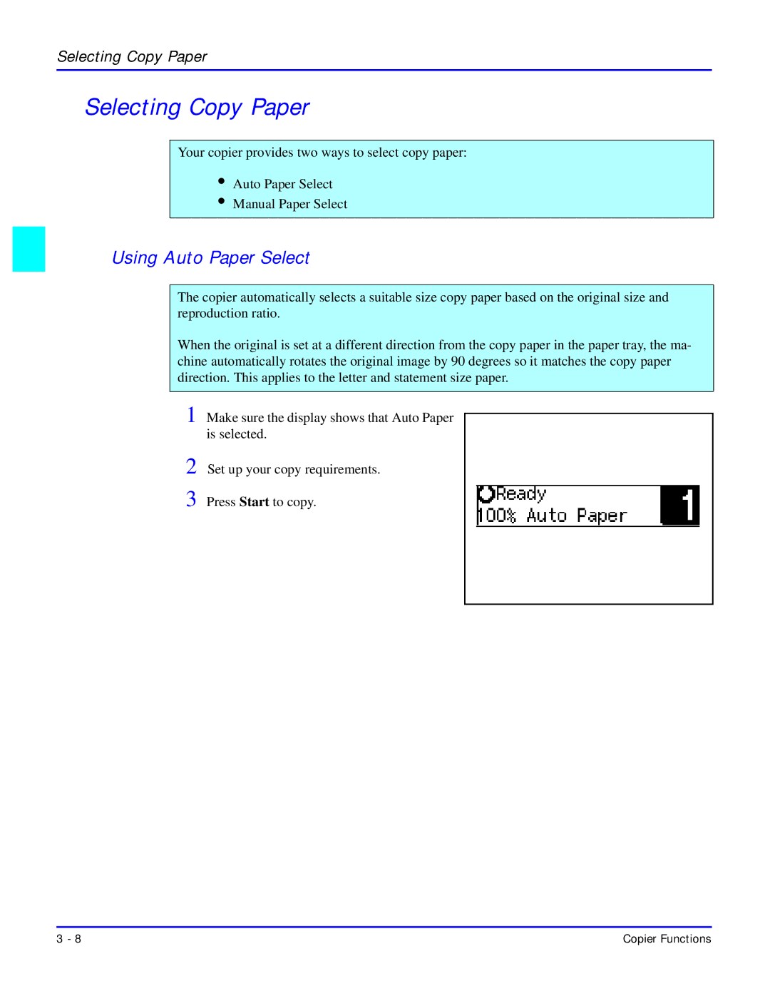 Lanier 5618 manual Selecting Copy Paper, Using Auto Paper Select 