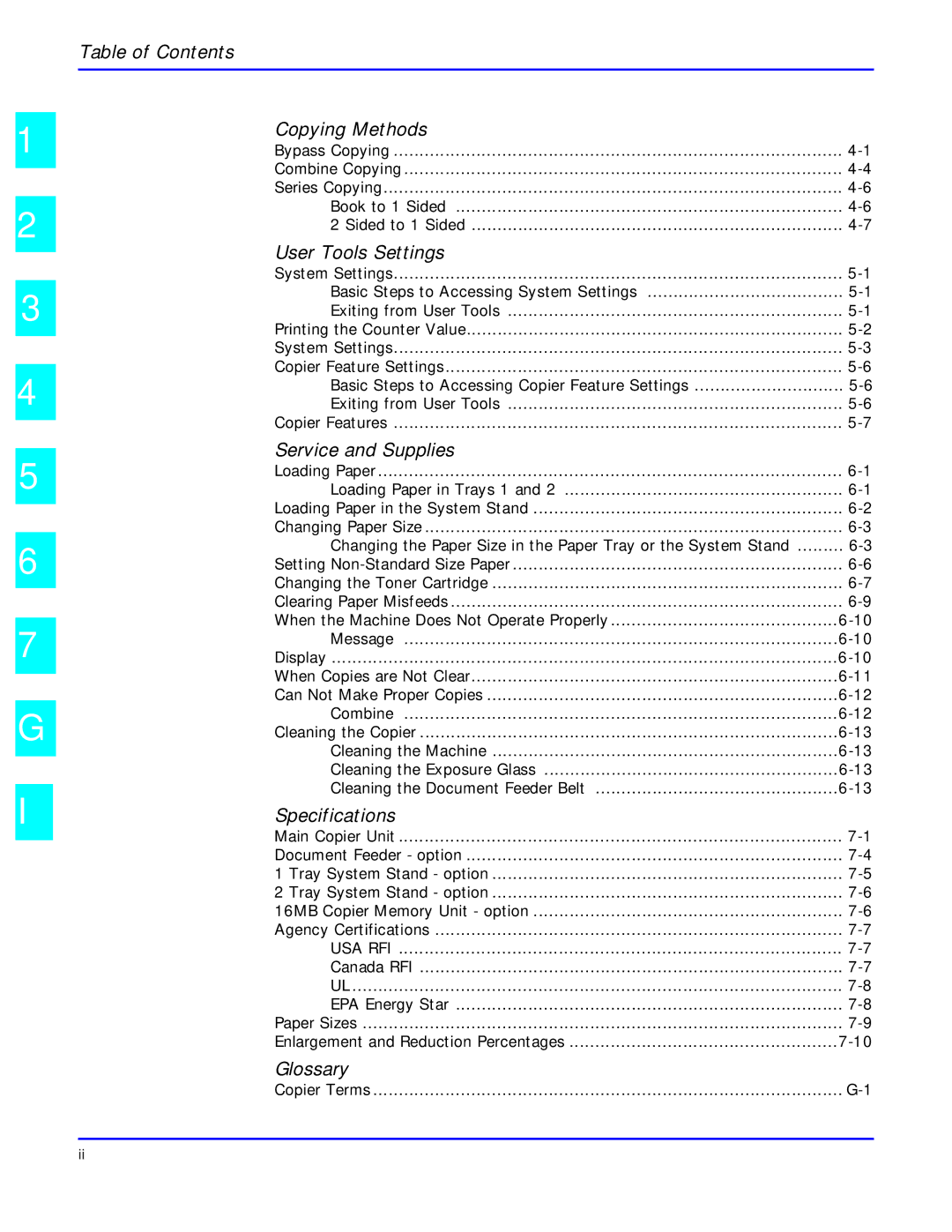 Lanier 5618 manual Table of Contents Copying Methods 