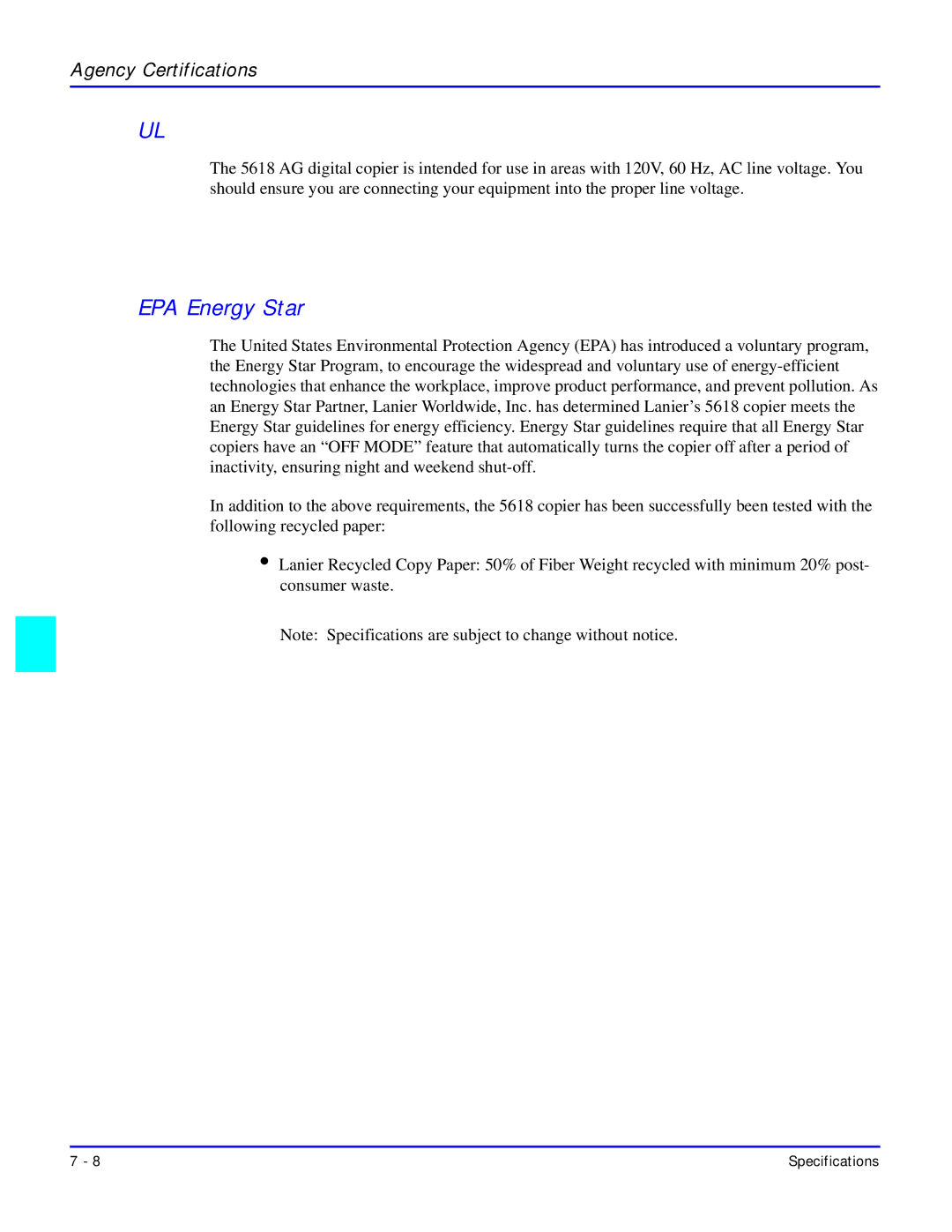 Lanier 5618 manual EPA Energy Star 