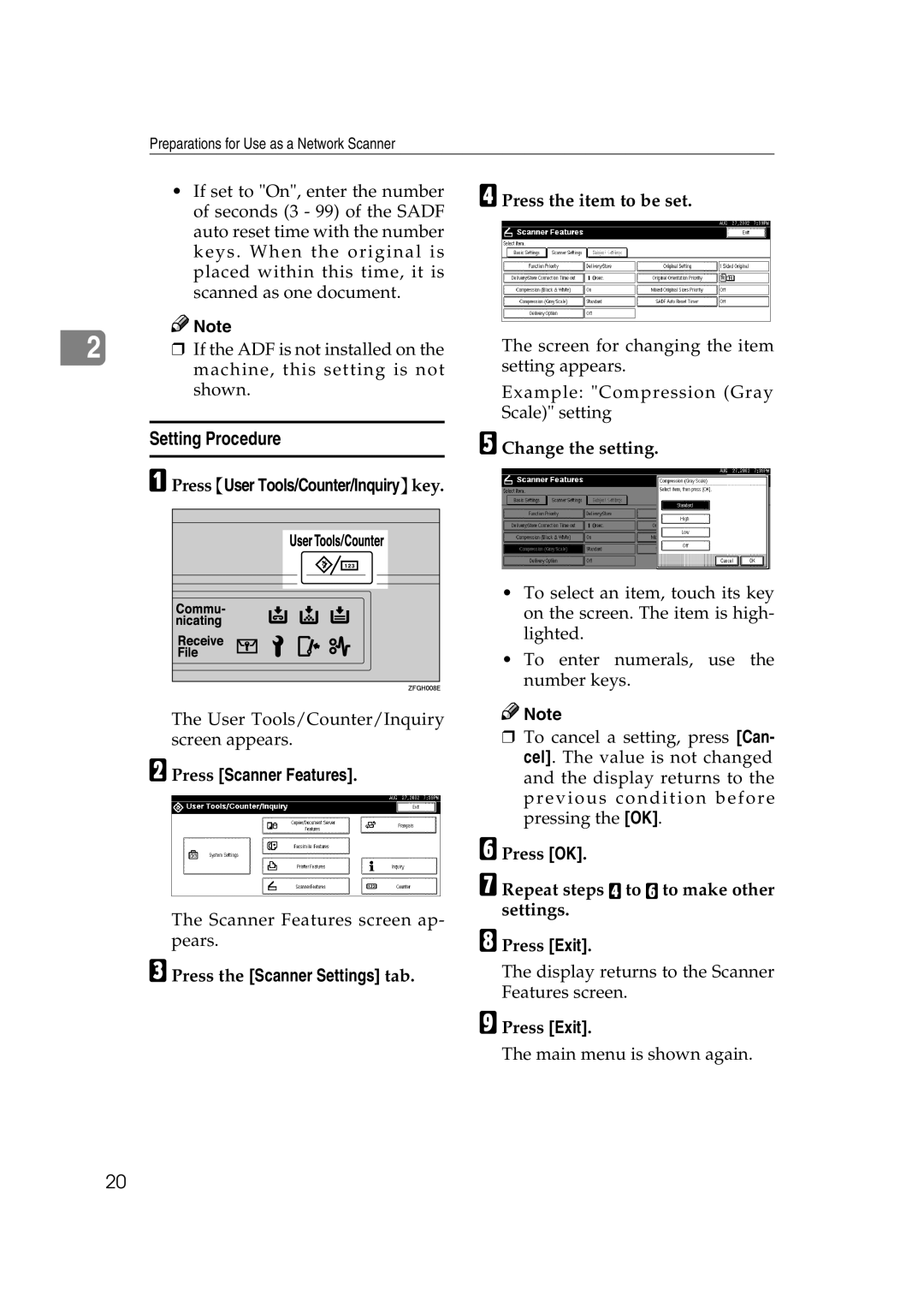 Lanier 5622, 5627 manual Press the Scanner Settings tab, Press the item to be set, Change the setting 