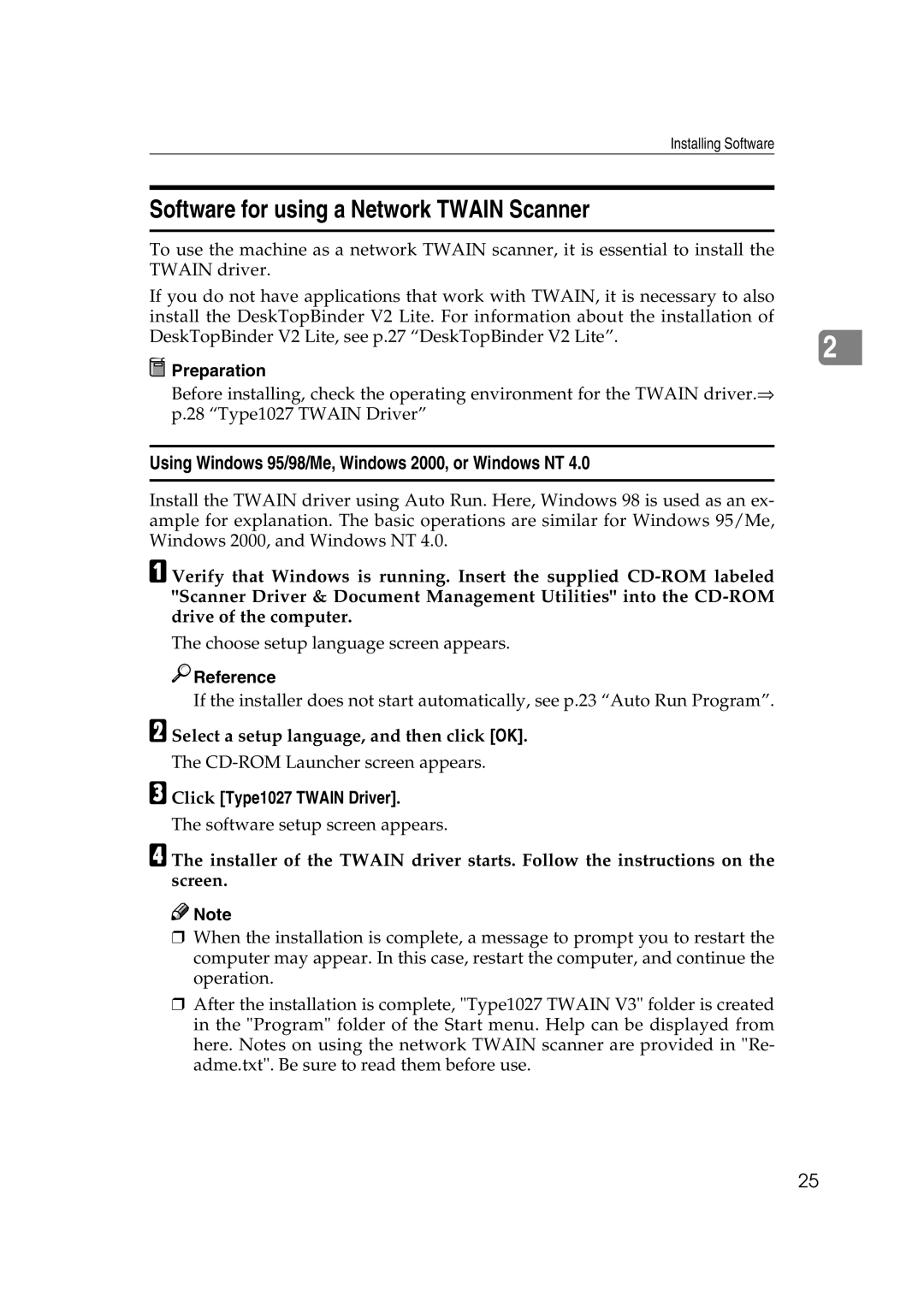 Lanier 5627, 5622 manual Software for using a Network Twain Scanner, Using Windows 95/98/Me, Windows 2000, or Windows NT 