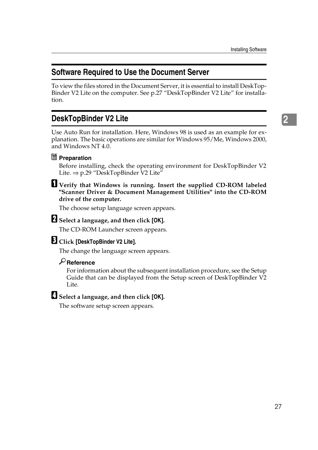 Lanier 5627 Software Required to Use the Document Server, DeskTopBinder V2 Lite, Select a language, and then click OK 