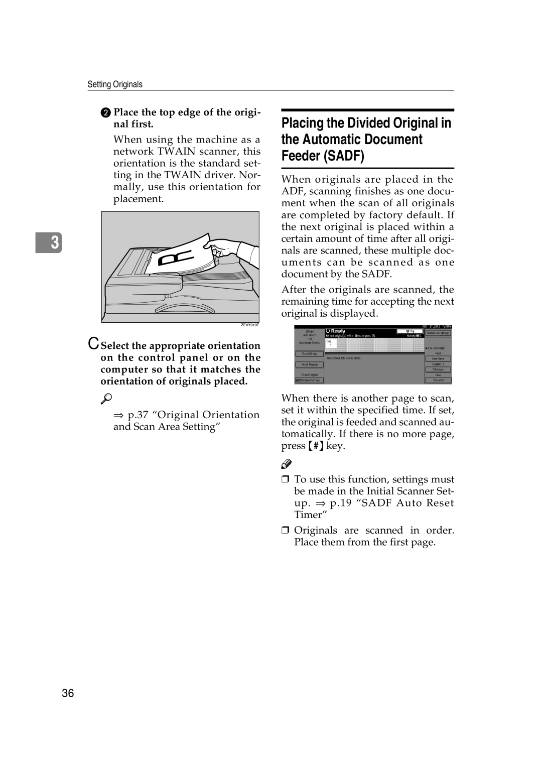 Lanier 5622, 5627 Placing the Divided Original Automatic Document Feeder Sadf, Place the top edge of the origi- nal first 