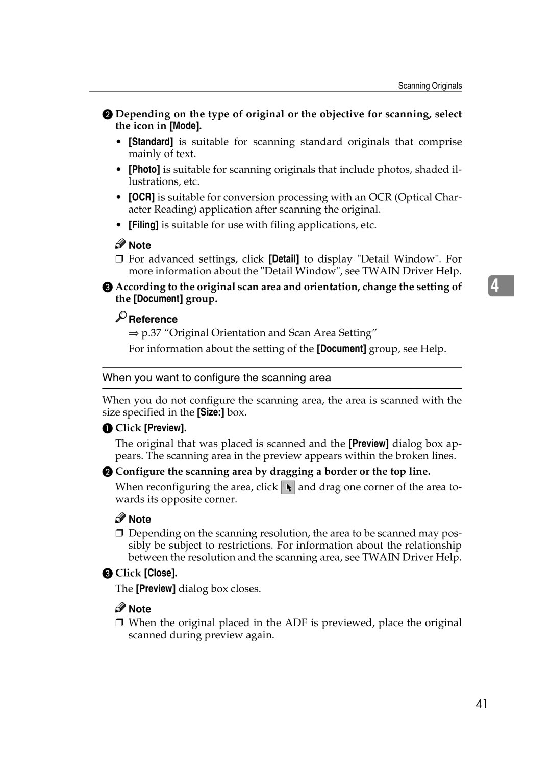 Lanier 5627, 5622 manual When you want to configure the scanning area, Document group Reference, Click Preview, Click Close 