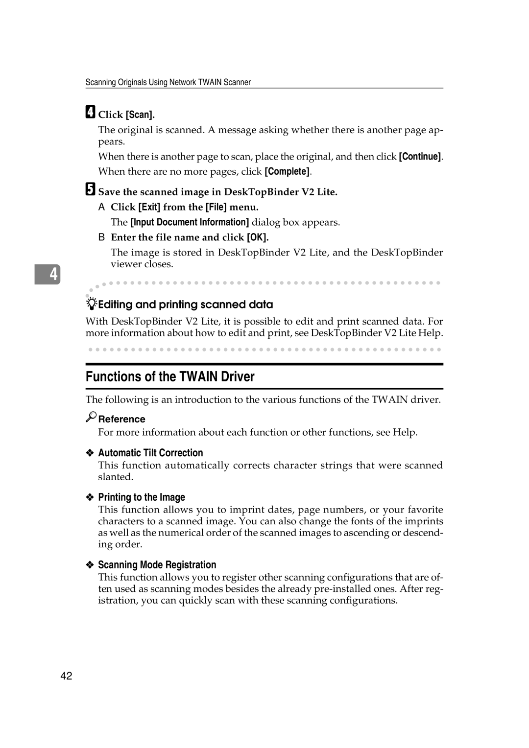 Lanier 5622 Functions of the Twain Driver, Automatic Tilt Correction, Printing to the Image, Scanning Mode Registration 