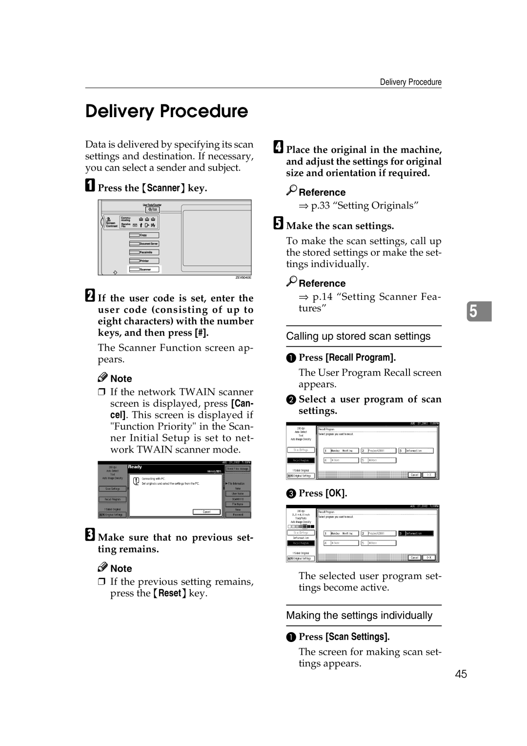 Lanier 5627 Delivery Procedure, Calling up stored scan settings, Making the settings individually, Press Recall Program 