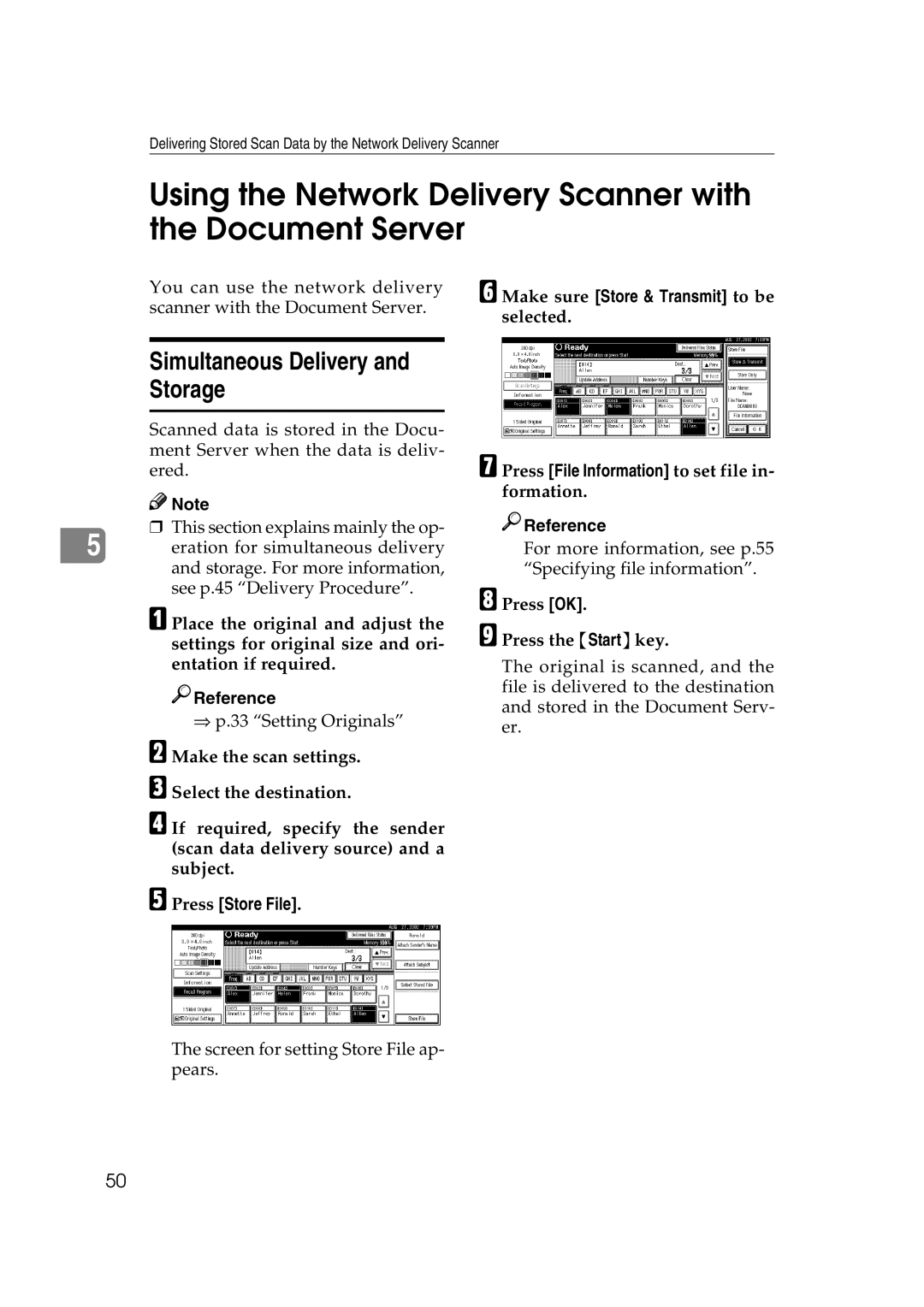 Lanier 5622 Using the Network Delivery Scanner with the Document Server, Simultaneous Delivery Storage, Press Store File 