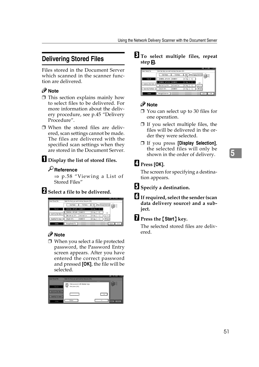 Lanier 5627, 5622 manual Delivering Stored Files, Display the list of stored files, Select a file to be delivered 