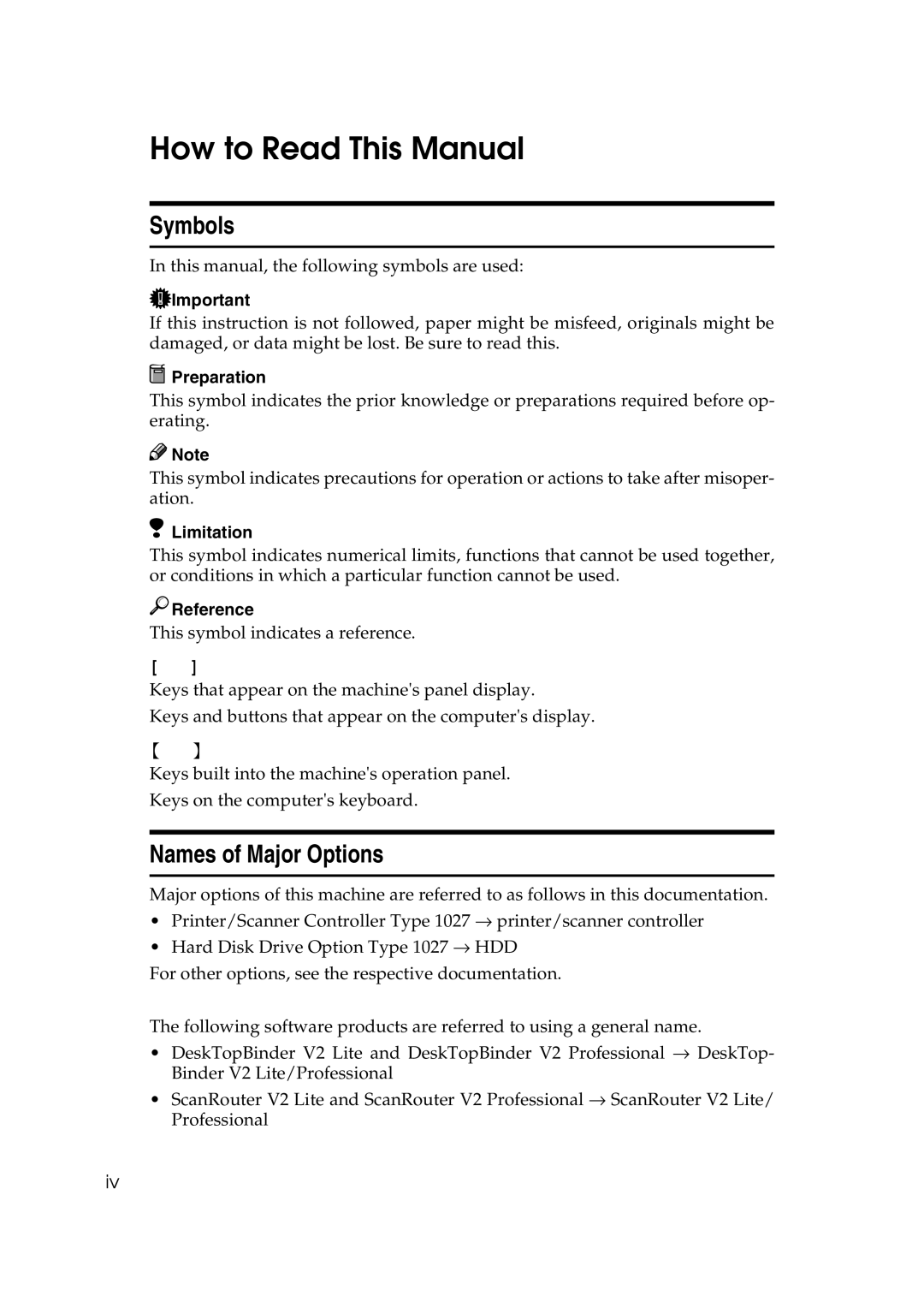 Lanier 5622, 5627 manual How to Read This Manual, Symbols, Names of Major Options 